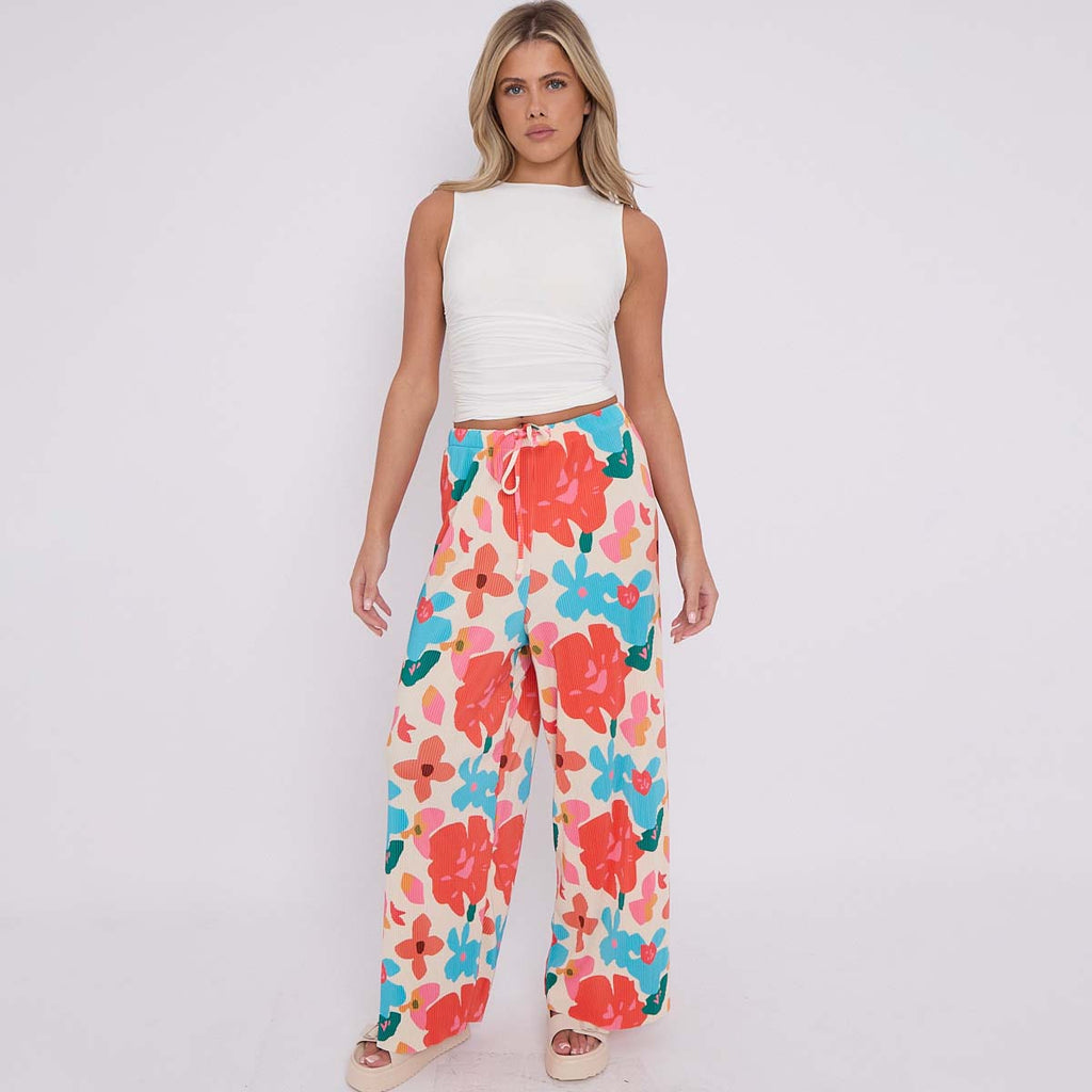 Rose Flower Print Abstract Wide-Leg Drawstring Palazzo Pleated Pants