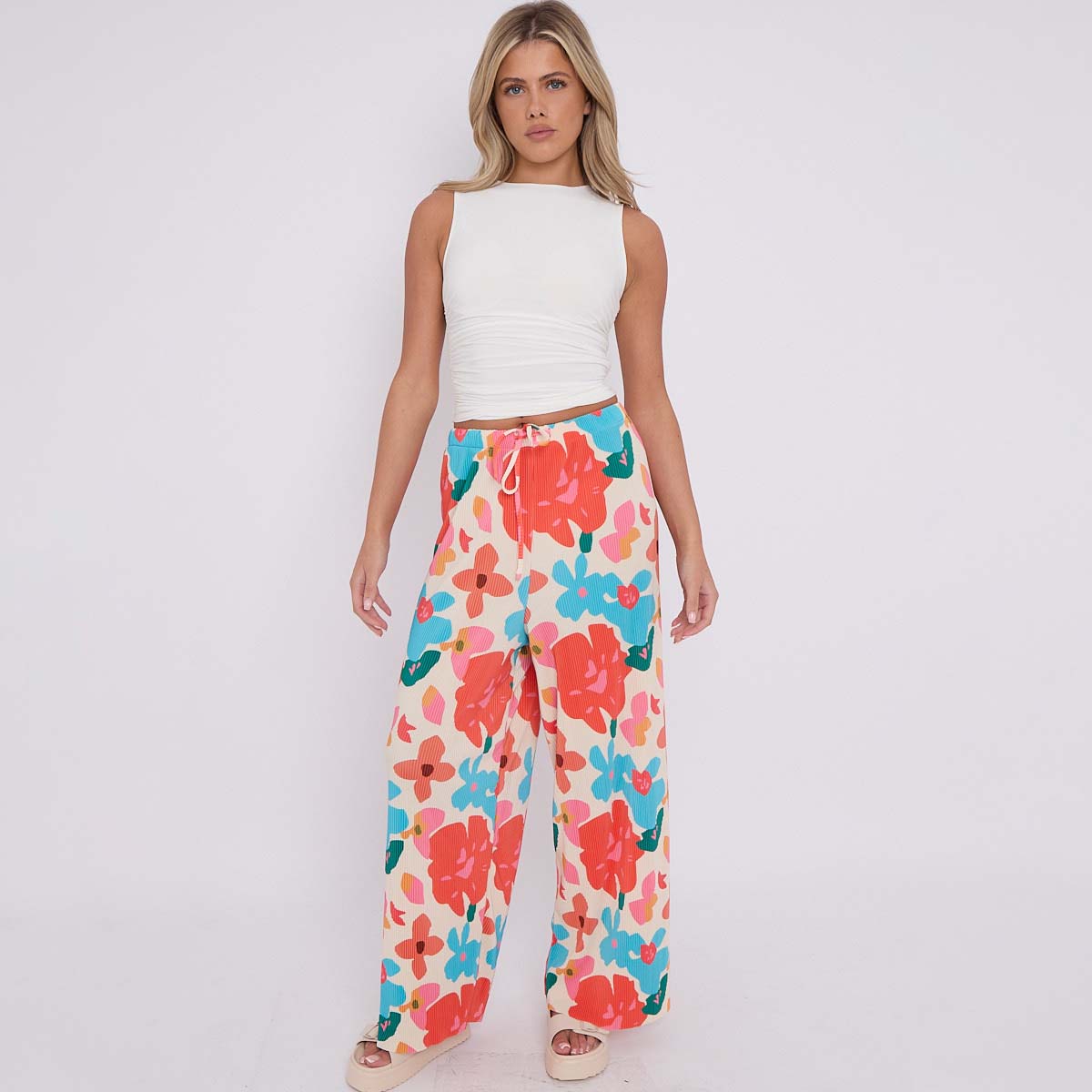 Rose Flower Print Abstract Wide-Leg Drawstring Palazzo Pleated Pants
