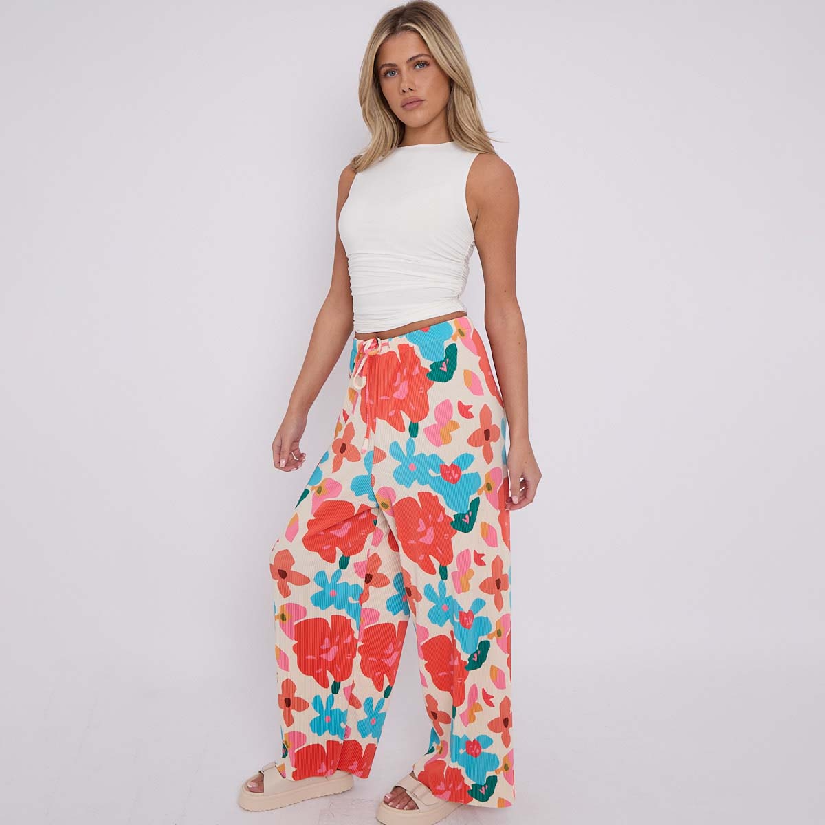 Rose Flower Print Abstract Wide-Leg Drawstring Palazzo Pleated Pants