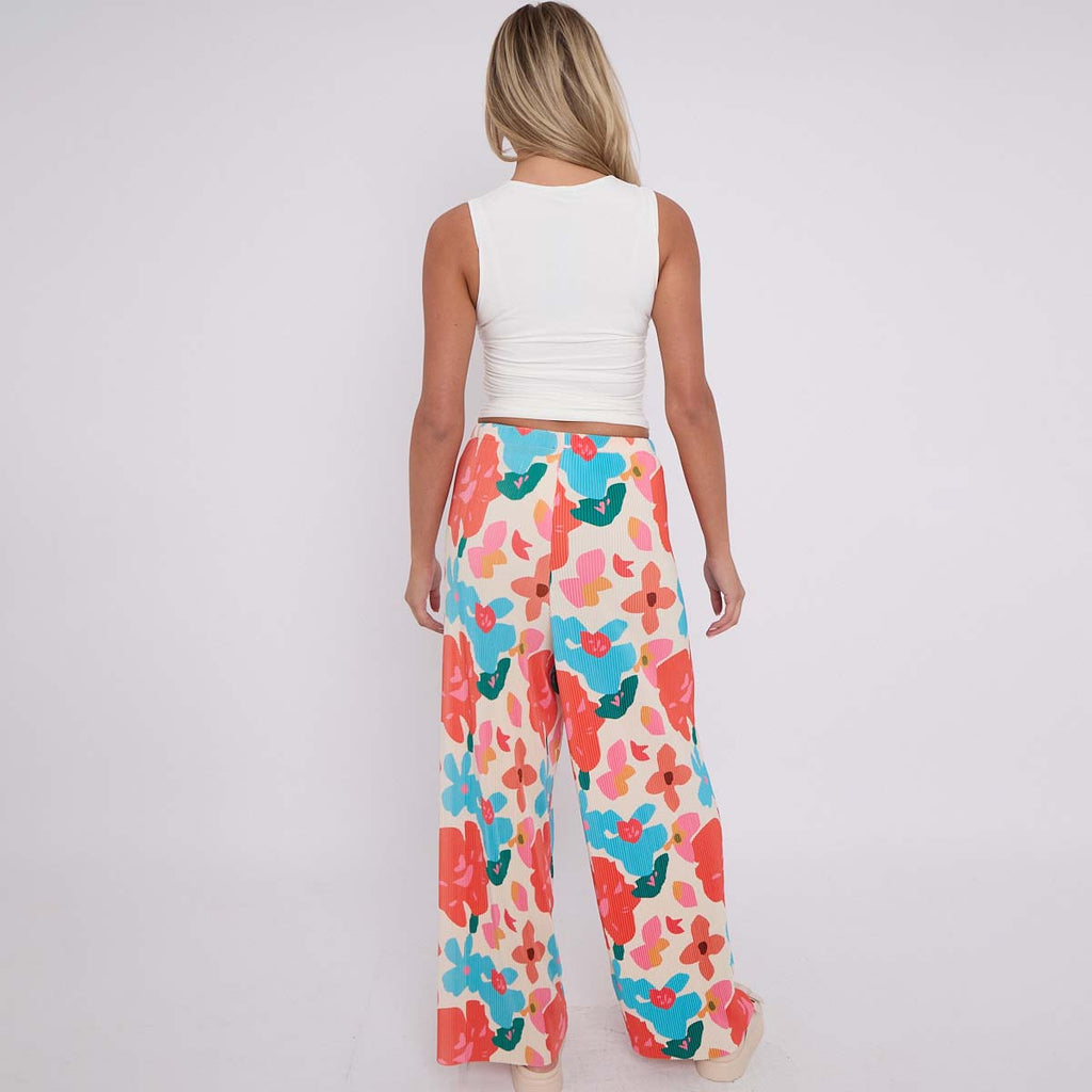 Rose Flower Print Abstract Wide-Leg Drawstring Palazzo Pleated Pants
