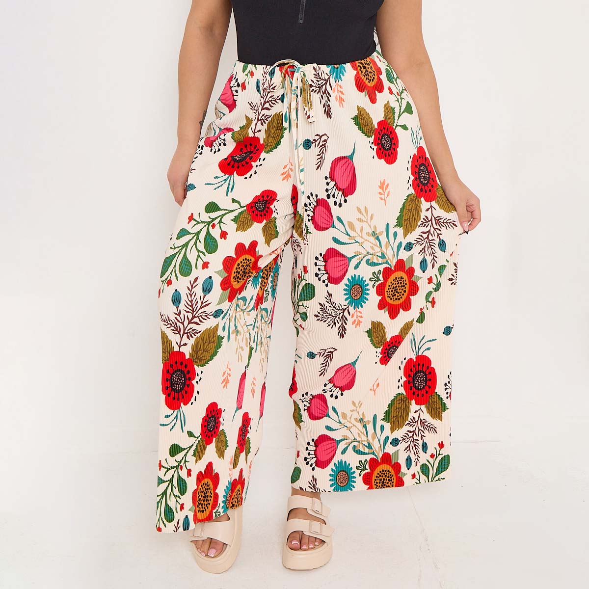 Flower Floral Print Abstract Print Wide-Leg Drawstring Palazzo Pleated Pants