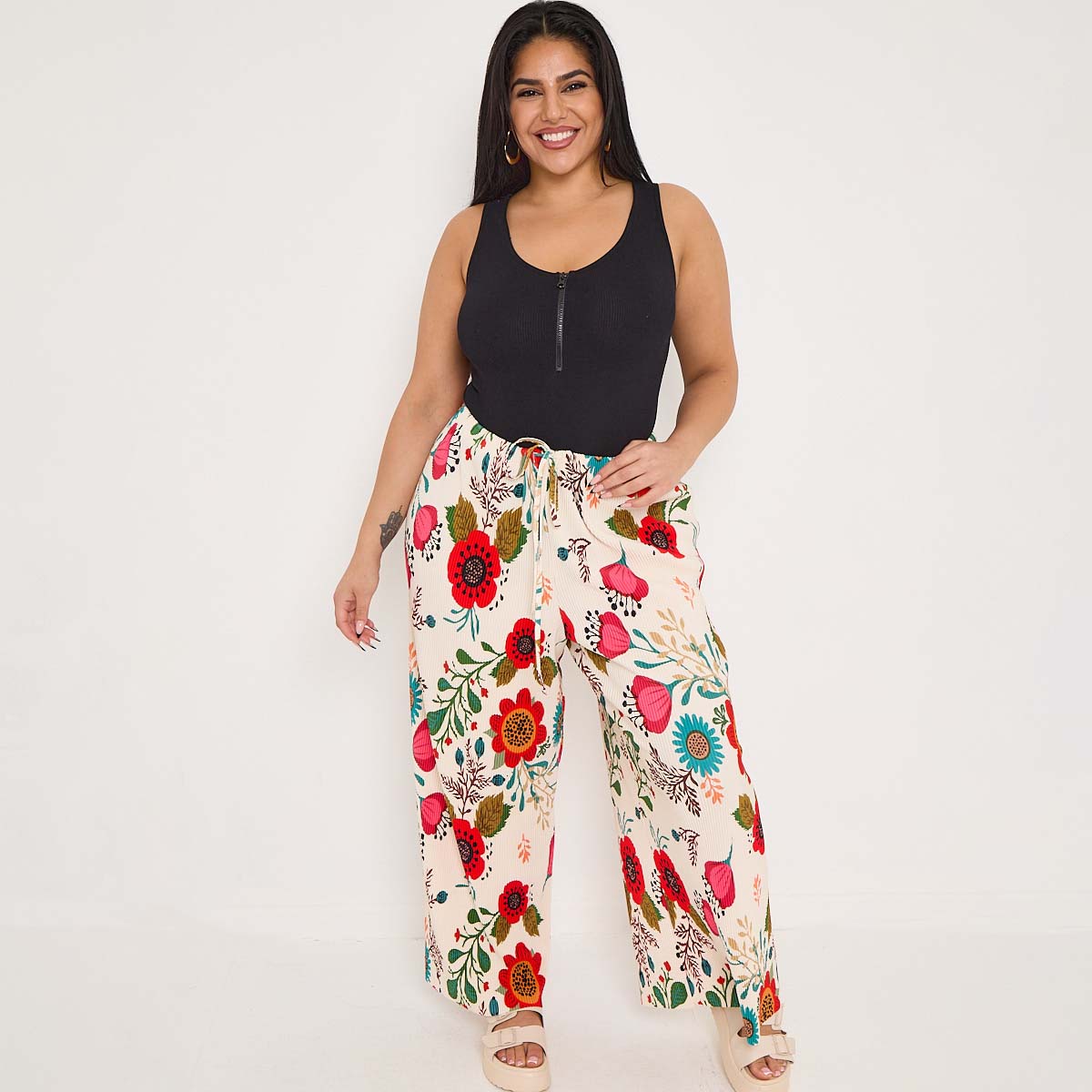 Flower Floral Print Abstract Print Wide-Leg Drawstring Palazzo Pleated Pants