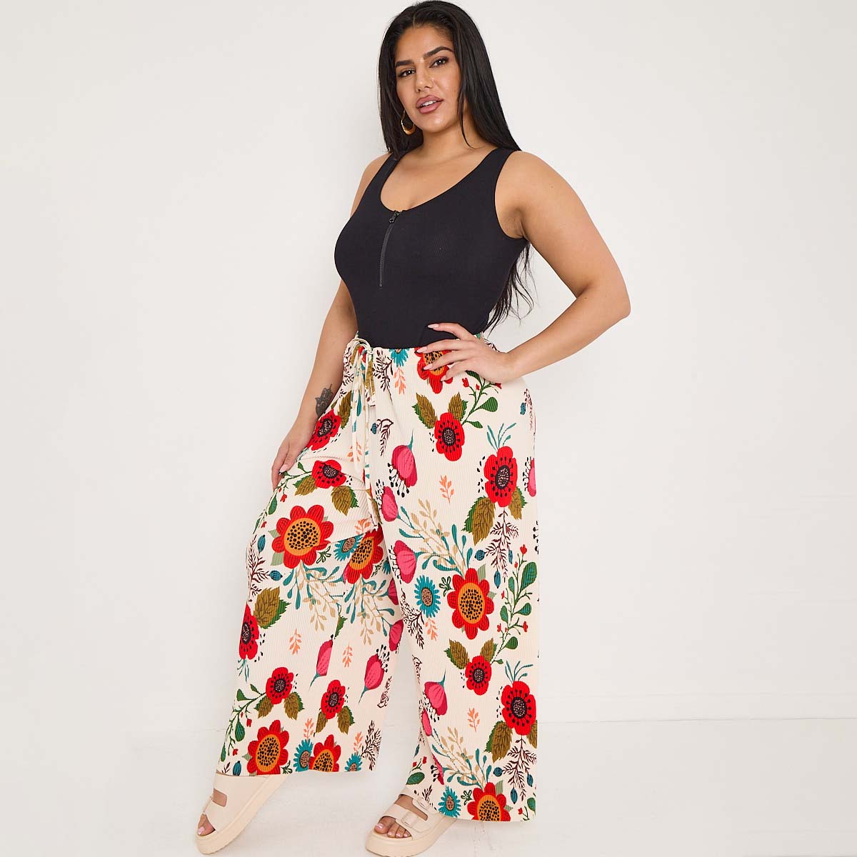 Flower Floral Print Abstract Print Wide-Leg Drawstring Palazzo Pleated Pants