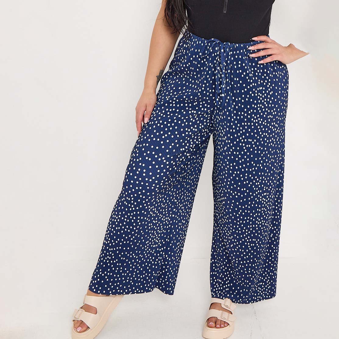 Blue Polka Dot Abstract Print Wide-Leg Drawstring Palazzo Pleated Pants