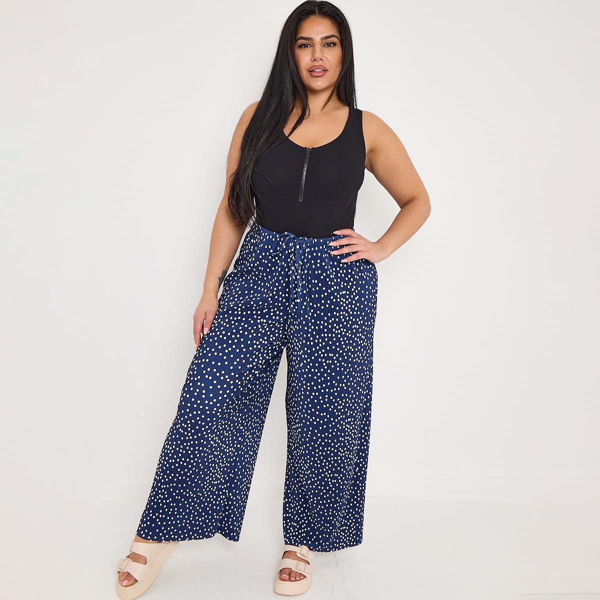 Blue Polka Dot Abstract Print Wide-Leg Drawstring Palazzo Pleated Pants