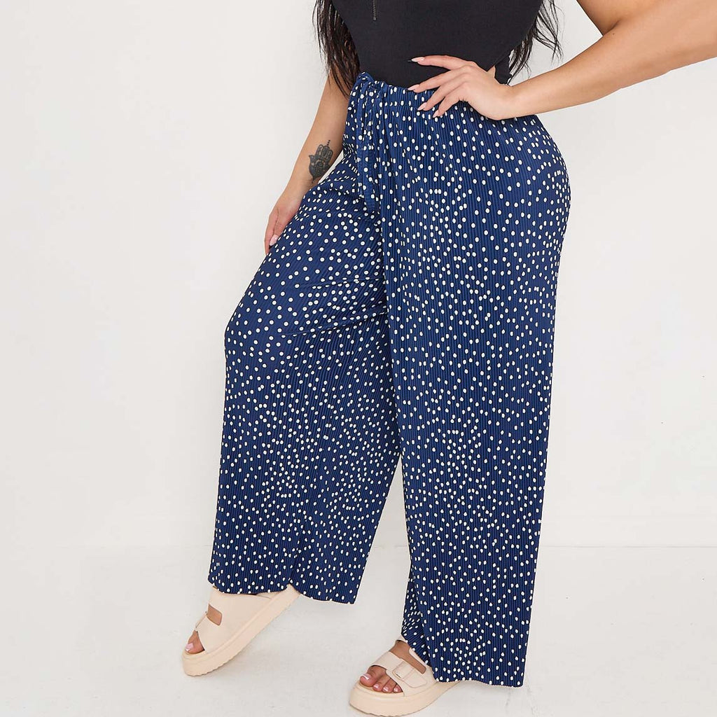 Blue Polka Dot Abstract Print Wide-Leg Drawstring Palazzo Pleated Pants