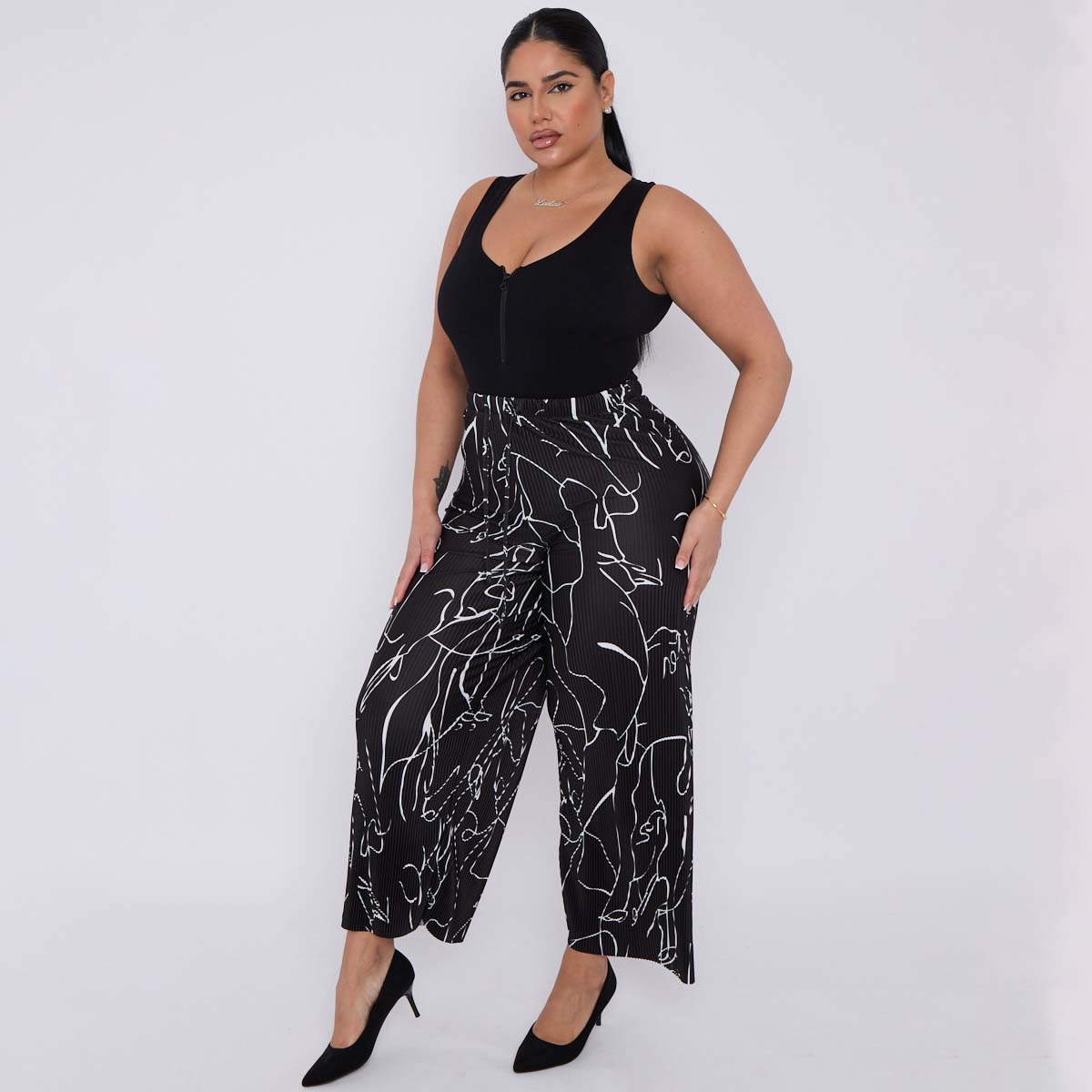 Black Line Art Abstract Print Wide-Leg Drawstring Palazzo Pleated Pants