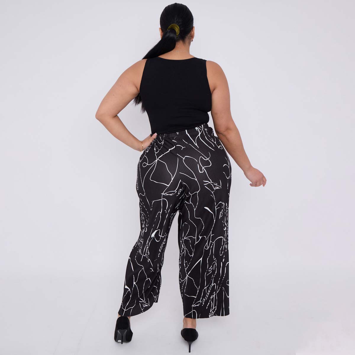 Black Line Art Abstract Print Wide-Leg Drawstring Palazzo Pleated Pants