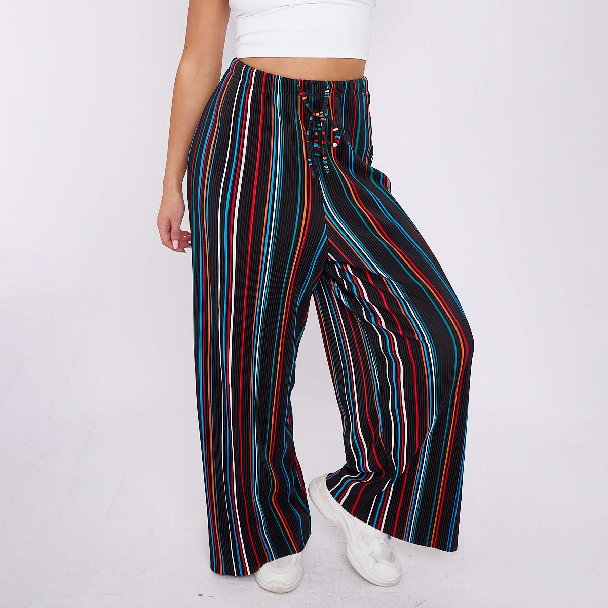 Black Stripe Abstract Print Wide-Leg Drawstring Palazzo Pleated Pants