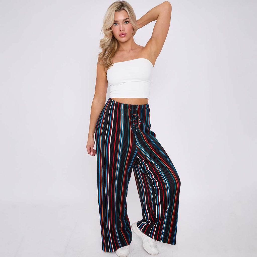 Black Stripe Abstract Print Wide-Leg Drawstring Palazzo Pleated Pants