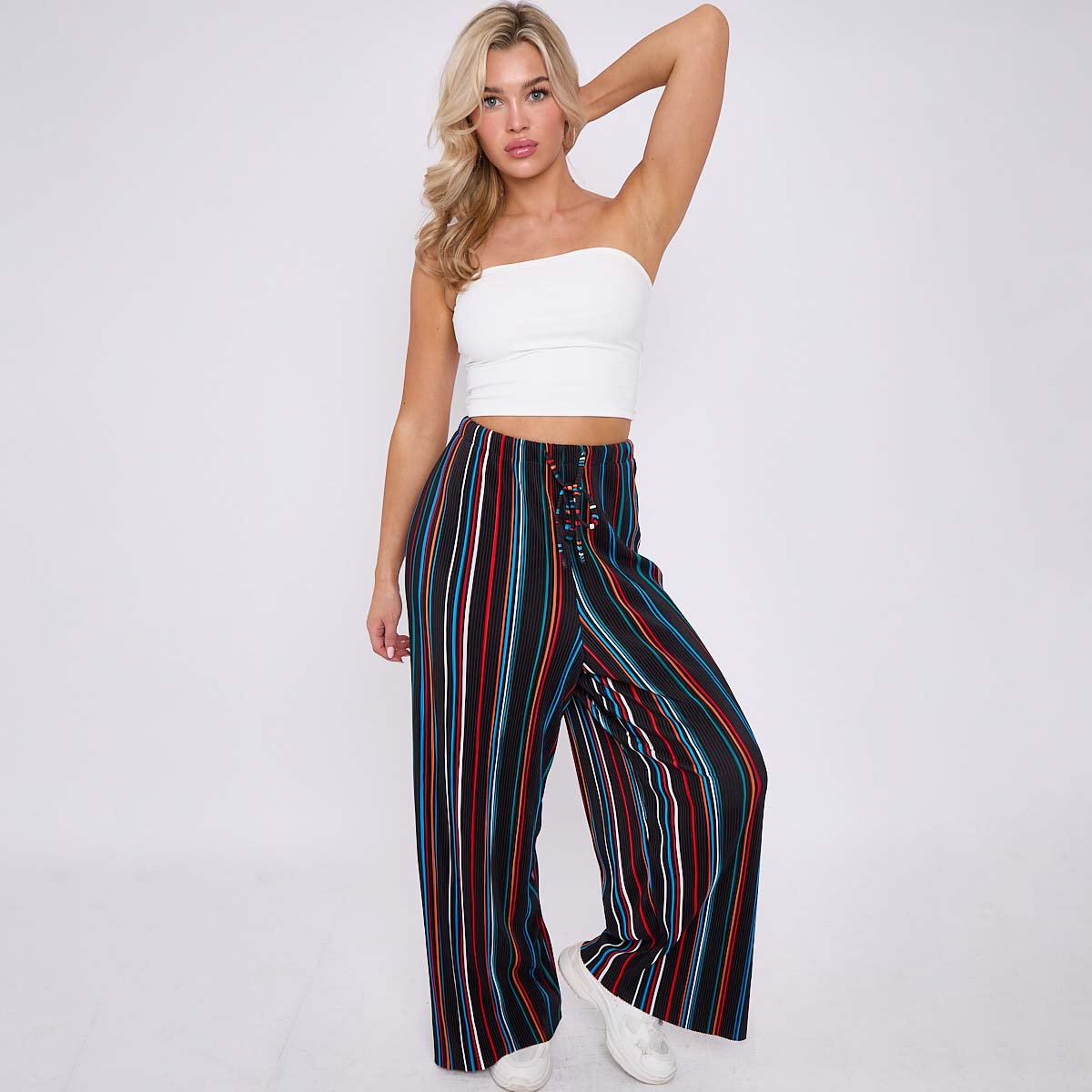 Black Stripe Abstract Print Wide-Leg Drawstring Palazzo Pleated Pants
