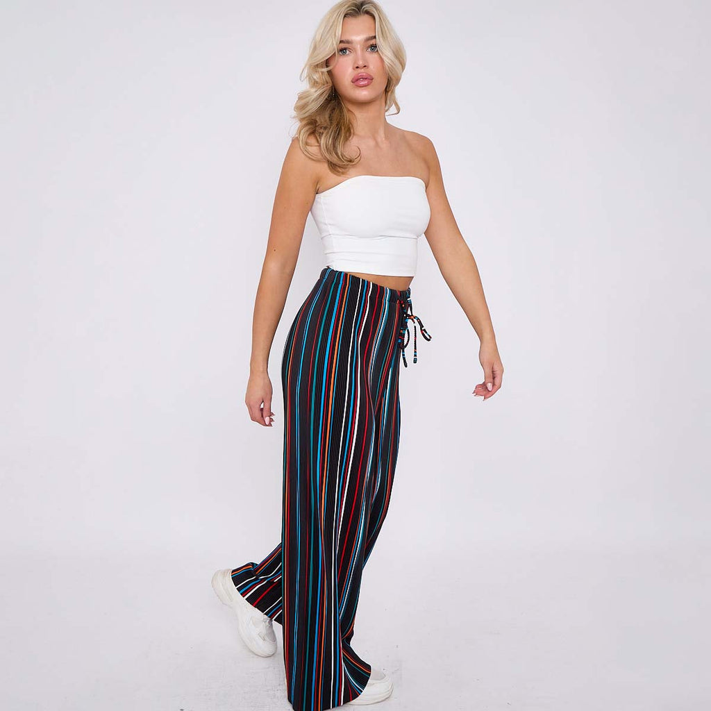 Black Stripe Abstract Print Wide-Leg Drawstring Palazzo Pleated Pants