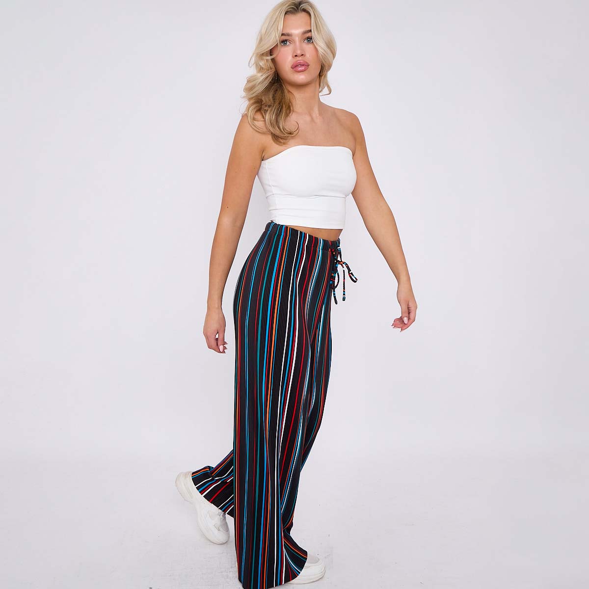 Black Stripe Abstract Print Wide-Leg Drawstring Palazzo Pleated Pants