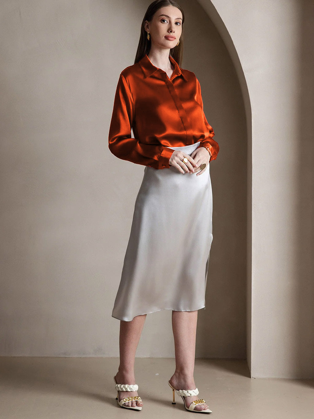 19Momme Silk Long Sleeve Lapel Collar Women's Shirt