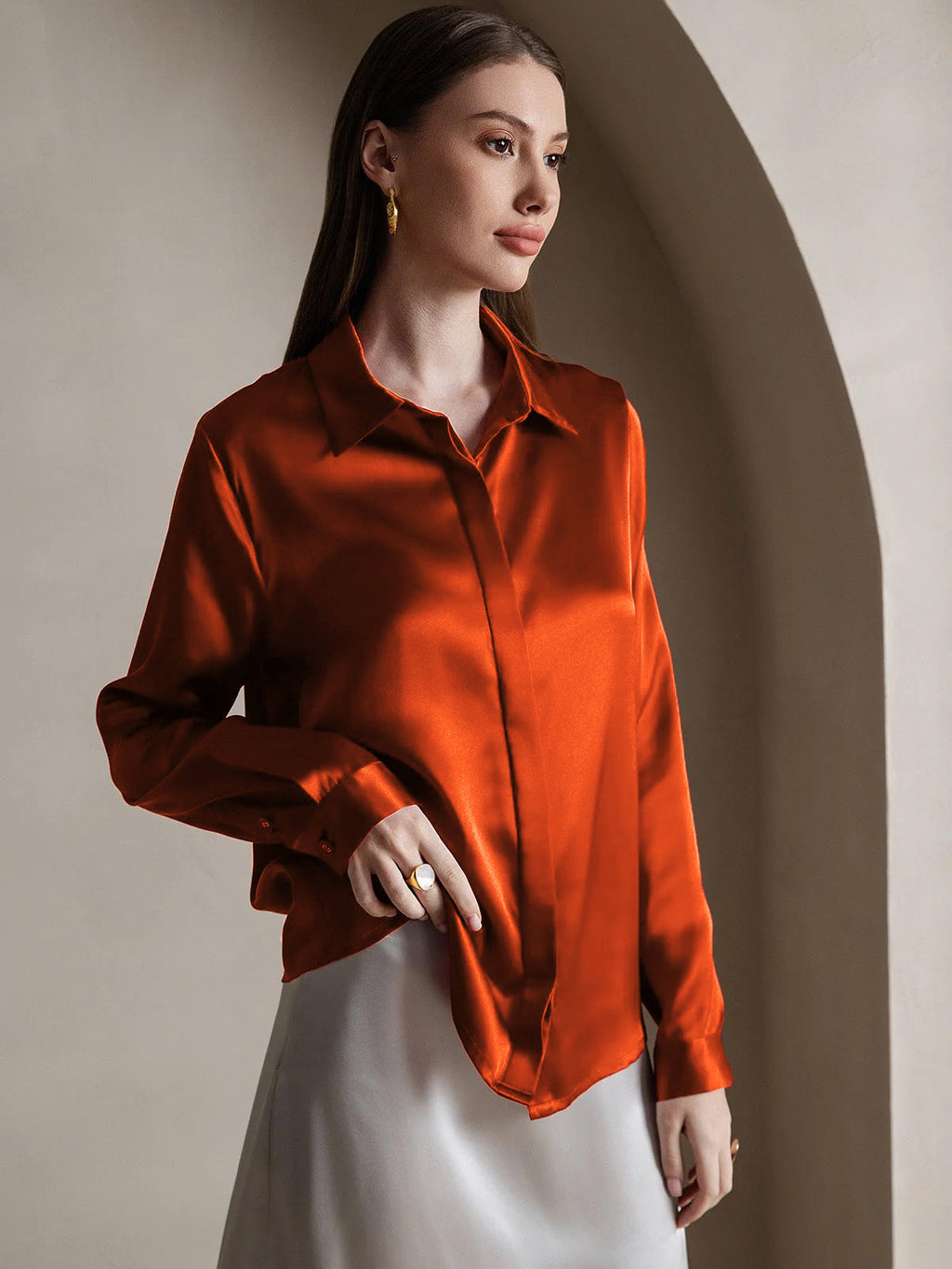 19Momme Silk Long Sleeve Lapel Collar Women's Shirt