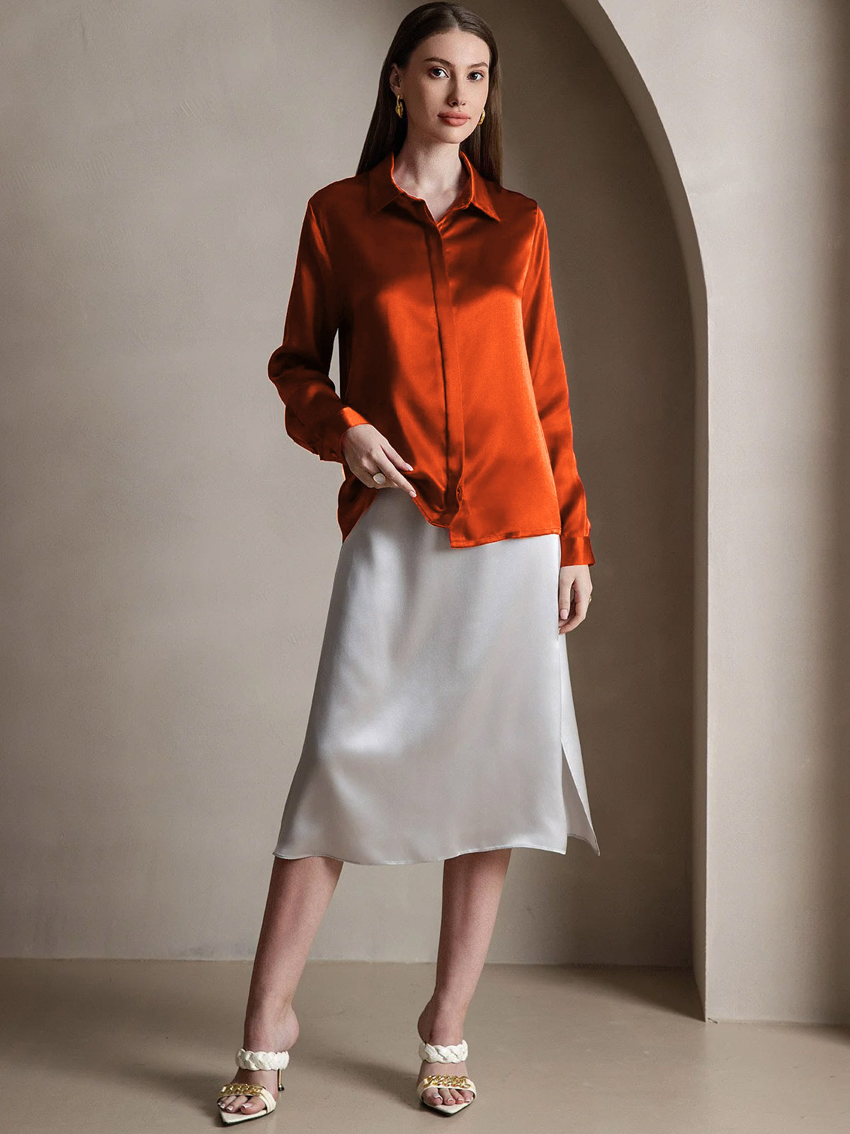 19Momme Silk Long Sleeve Lapel Collar Women's Shirt