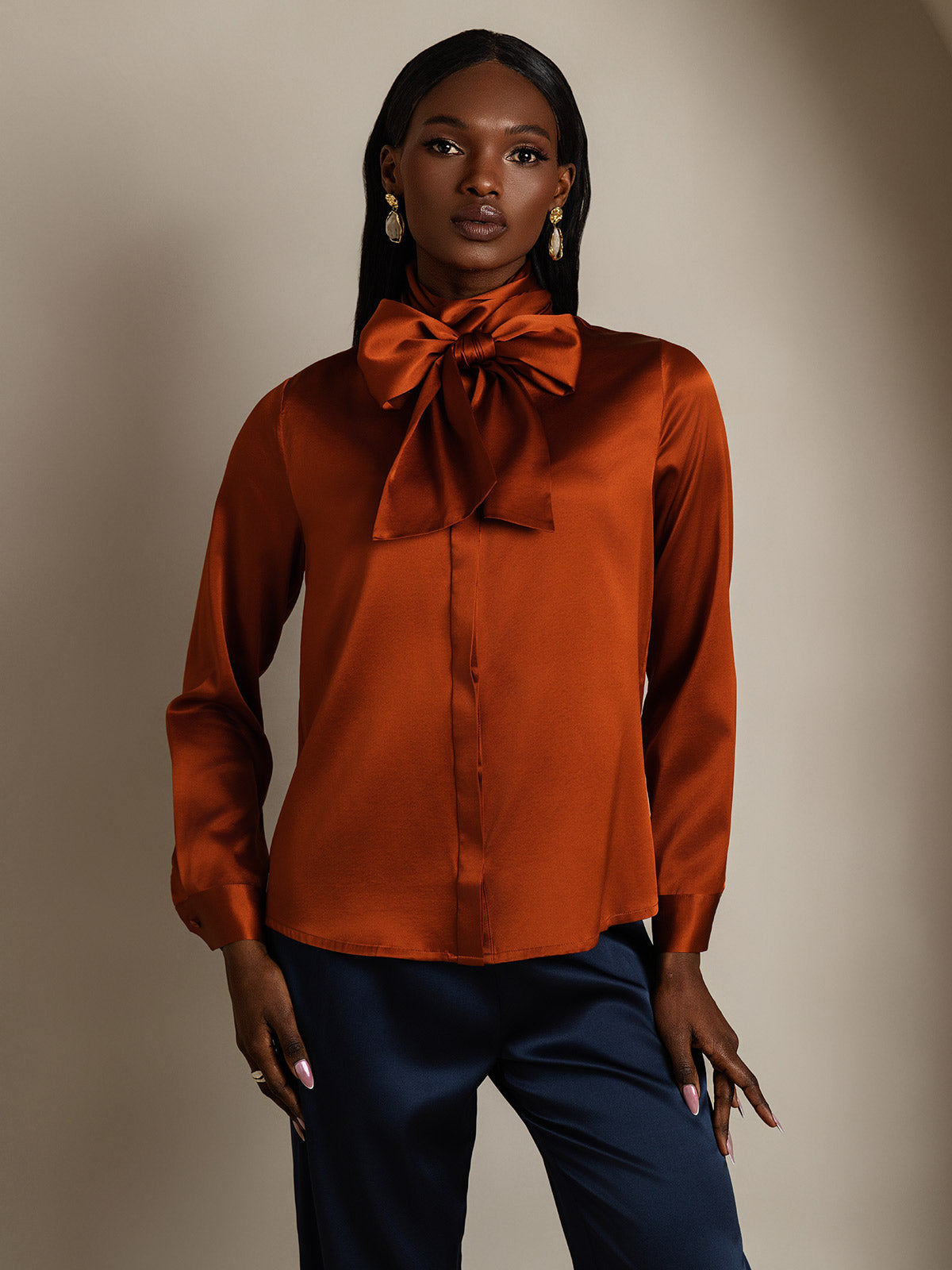 19Momme Silk Long Sleeve High Neck Bow Tie Blouse