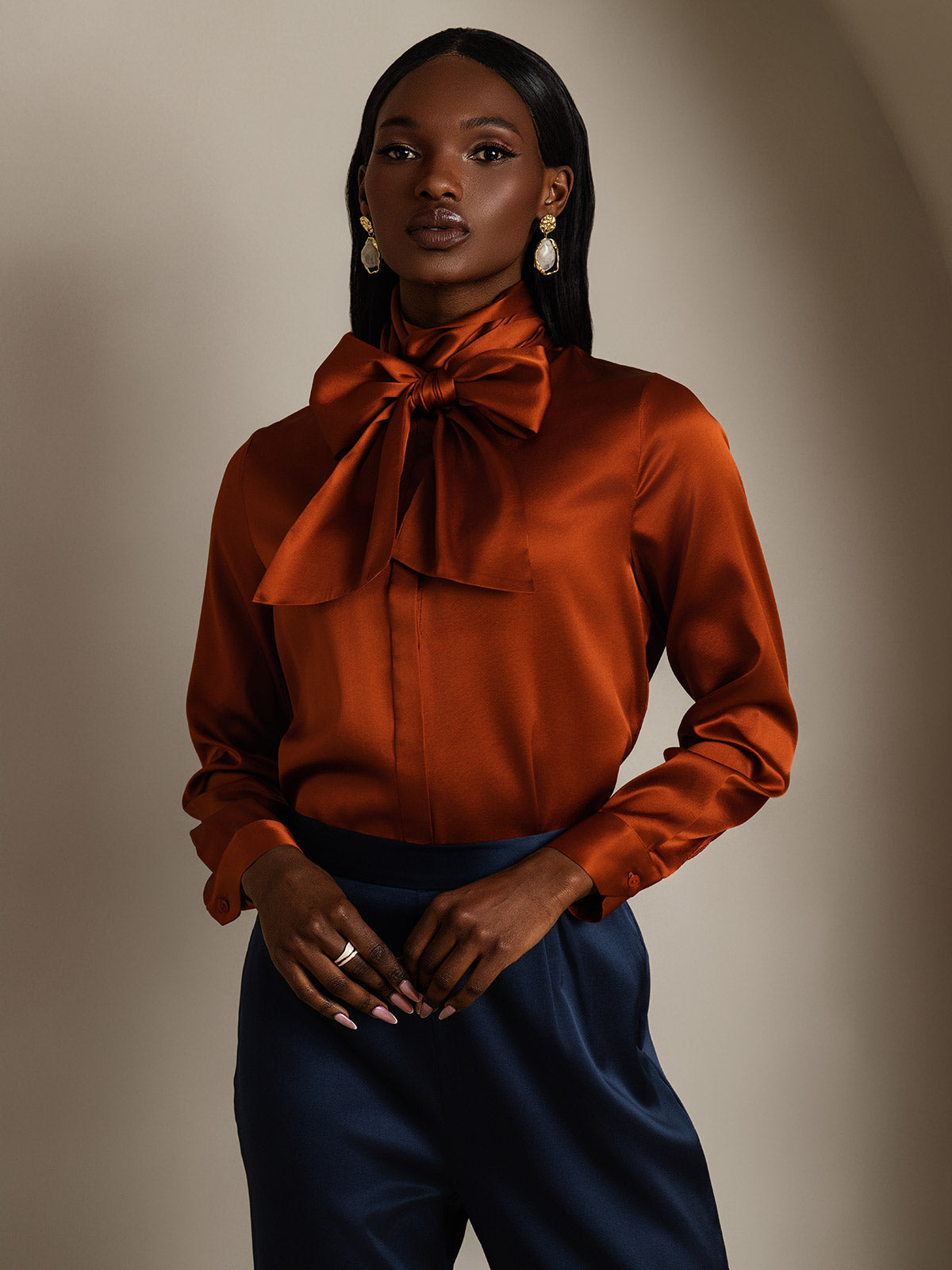 19Momme Silk Long Sleeve High Neck Bow Tie Blouse