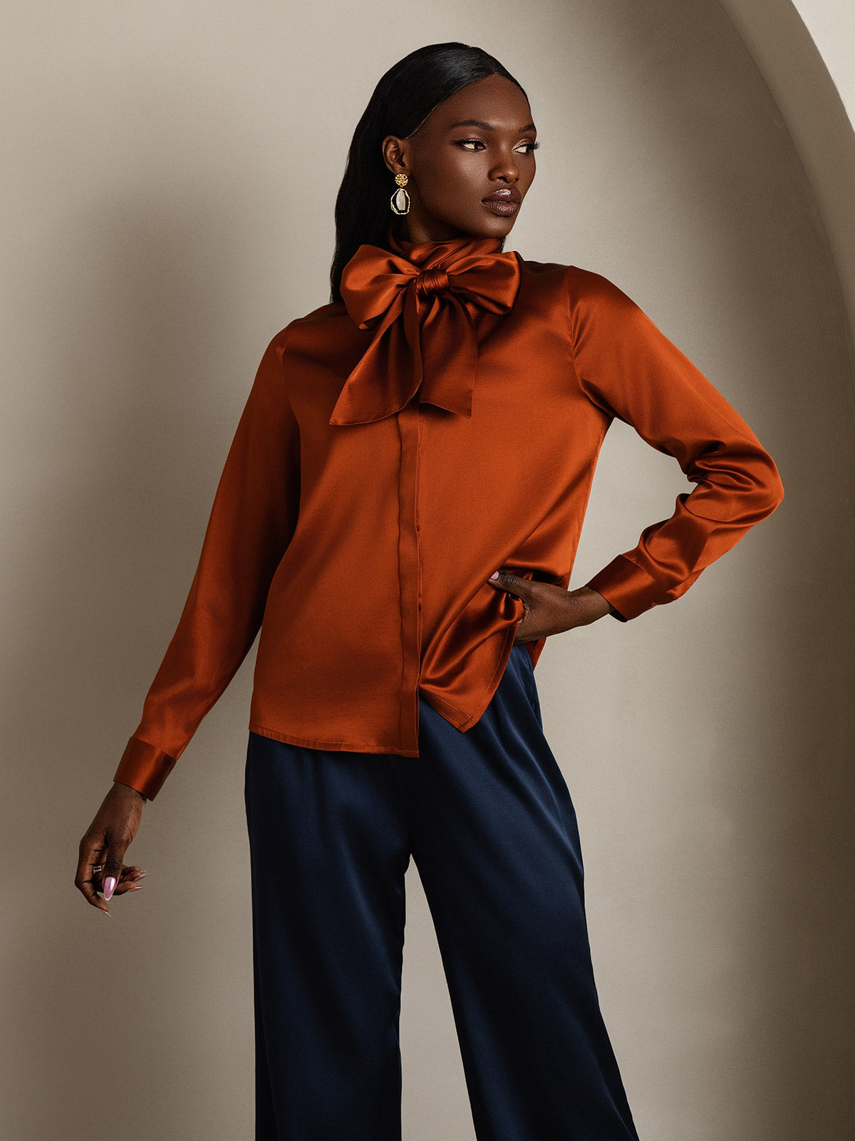 19Momme Silk Long Sleeve High Neck Bow Tie Blouse