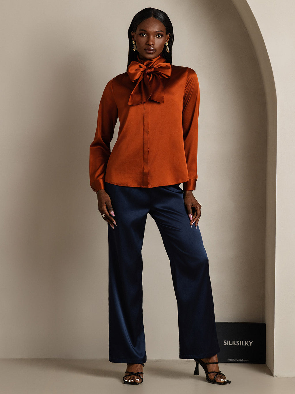 19Momme Silk Long Sleeve High Neck Bow Tie Blouse