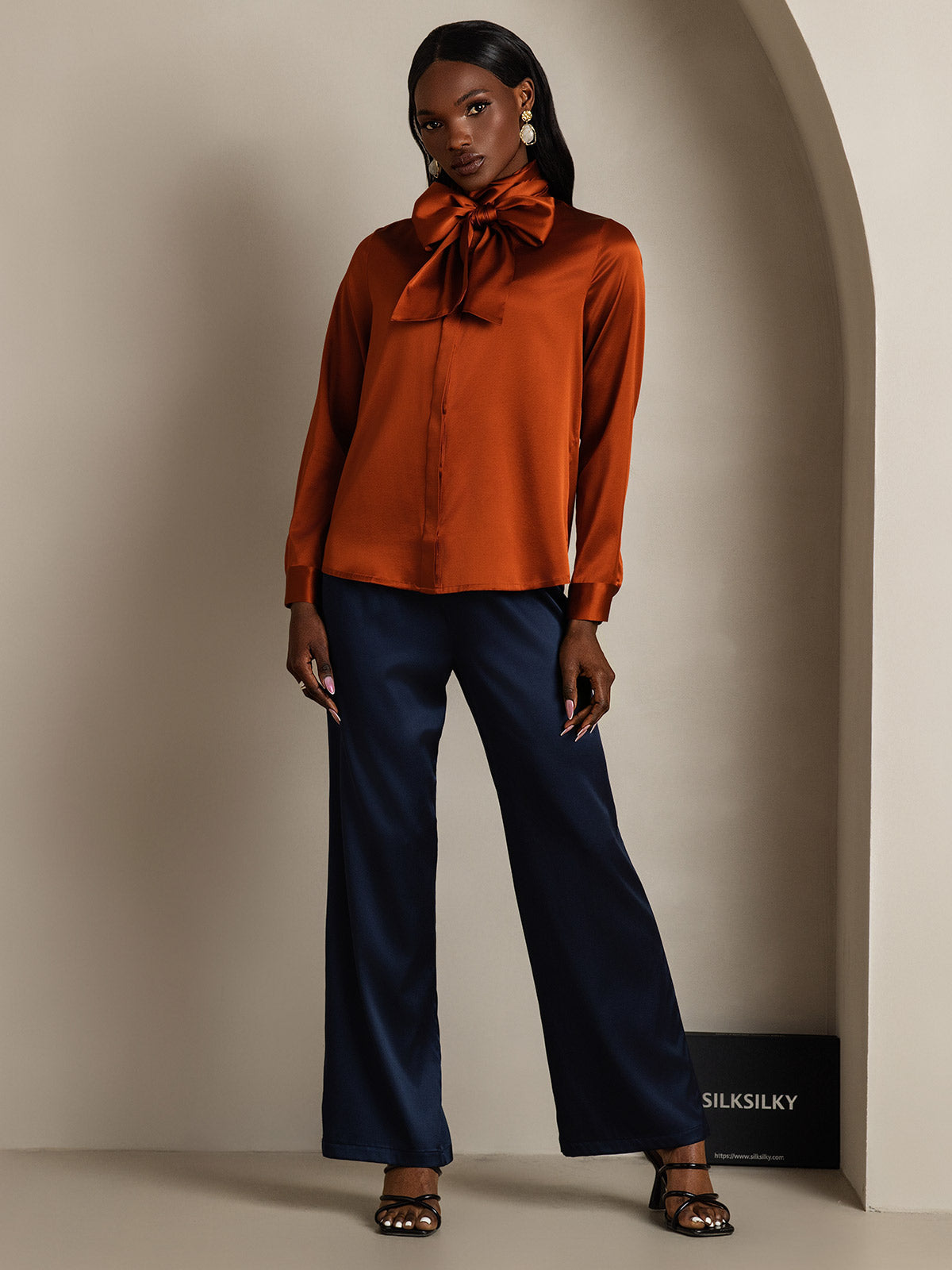 19Momme Silk Long Sleeve High Neck Bow Tie Blouse