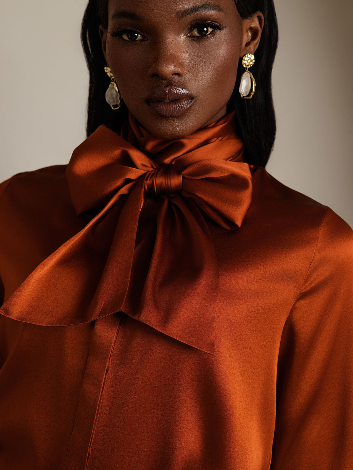 19Momme Silk Long Sleeve High Neck Bow Tie Blouse