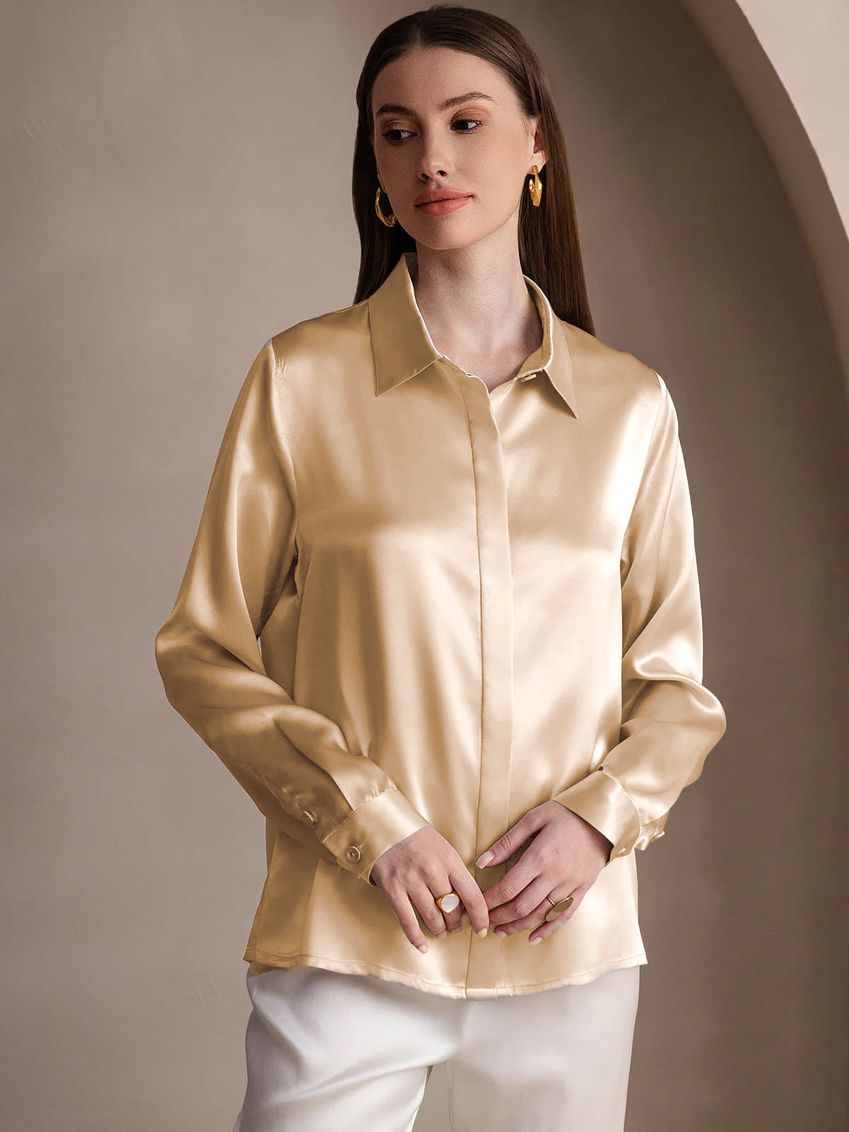 19Momme Silk Long Sleeve Lapel Collar Women's Shirt