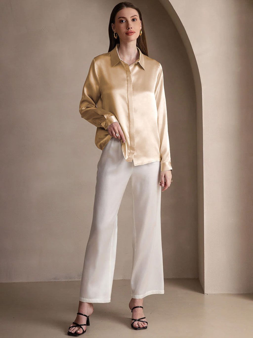 19Momme Silk Long Sleeve Lapel Collar Women's Shirt