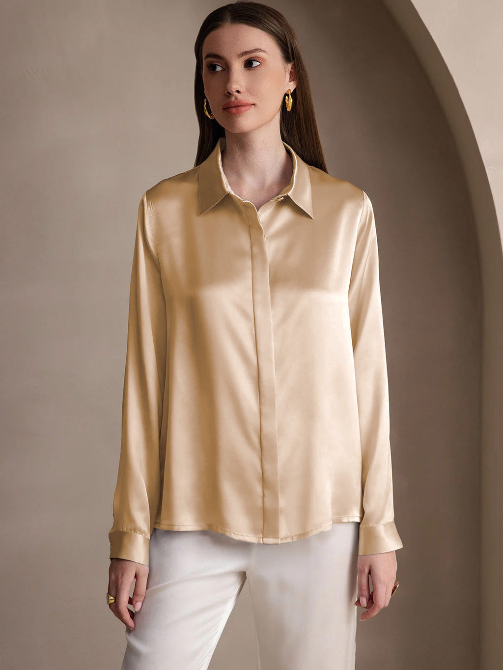 19Momme Silk Long Sleeve Lapel Collar Women's Shirt