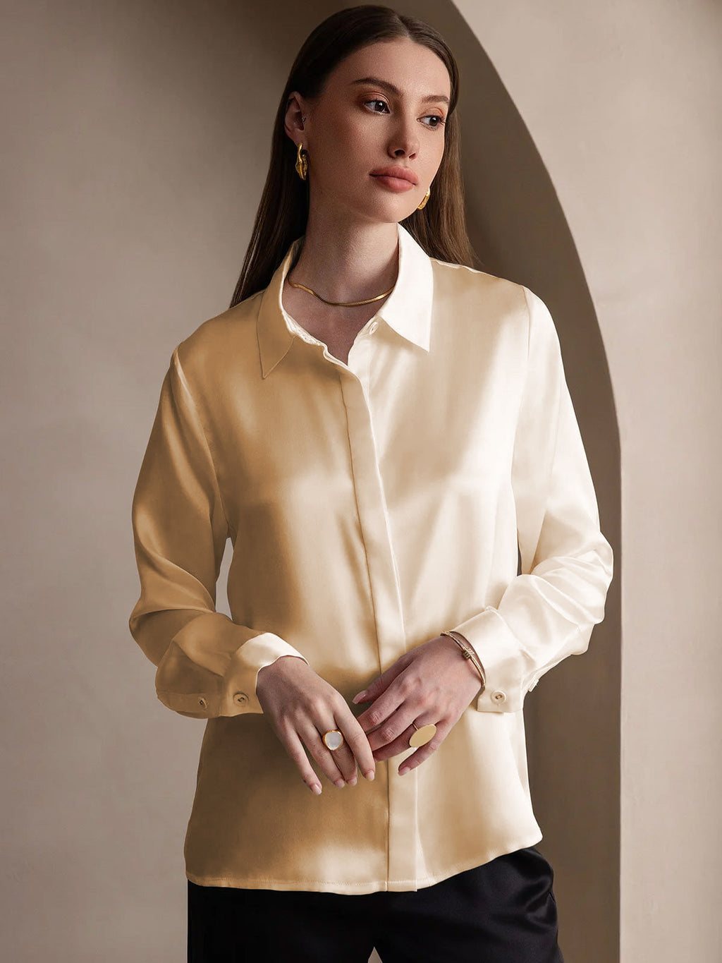 19Momme Silk Long Sleeve Lapel Collar Women's Shirt