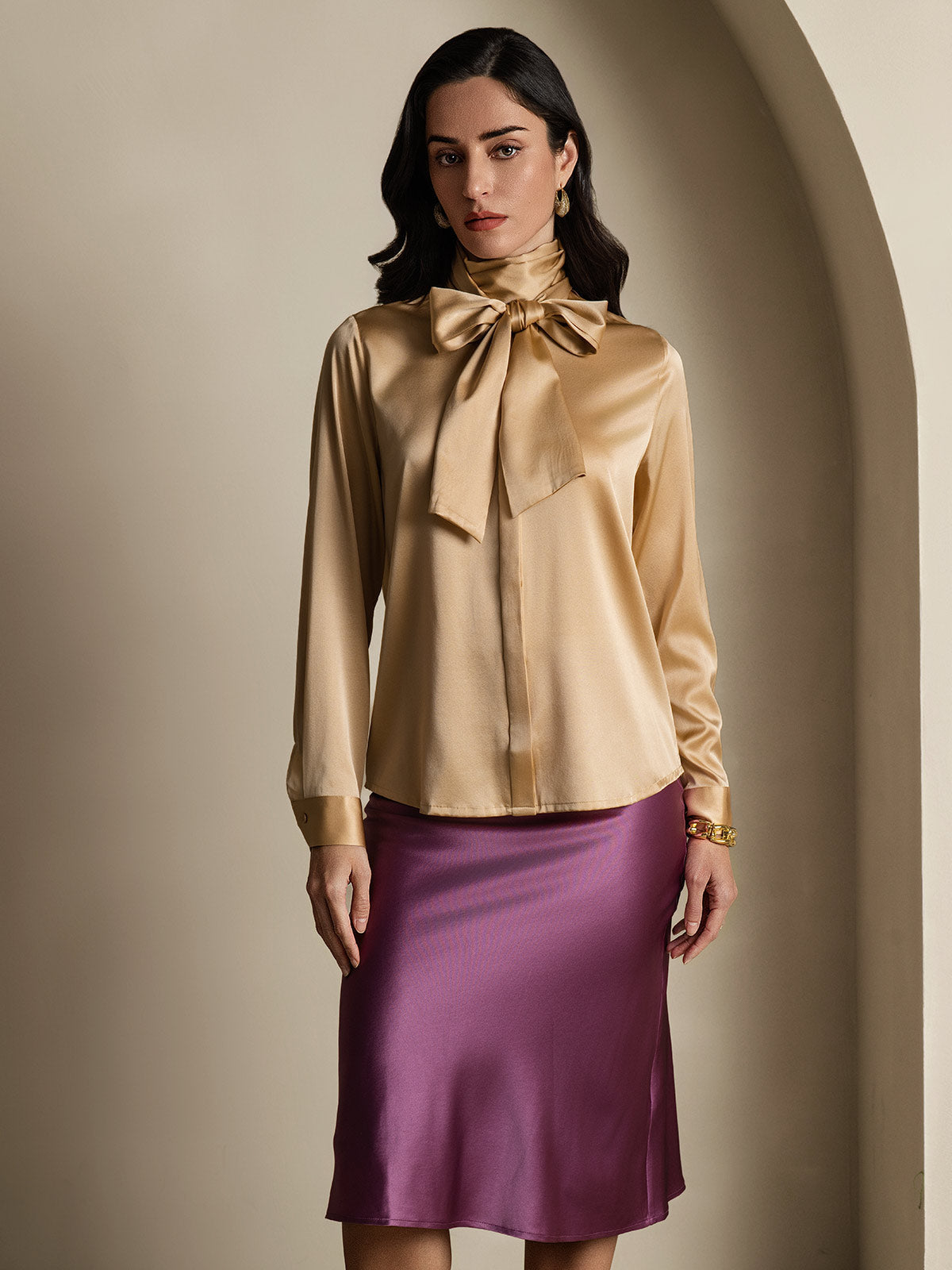 19Momme Silk Long Sleeve High Neck Bow Tie Blouse