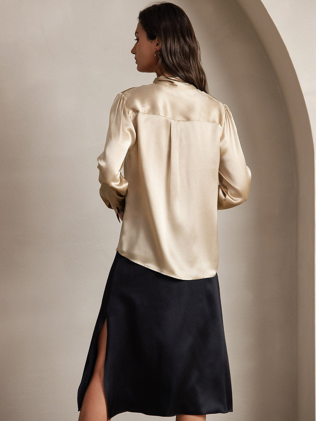 19Momme Silk Long Sleeve Tie Neck Blouse