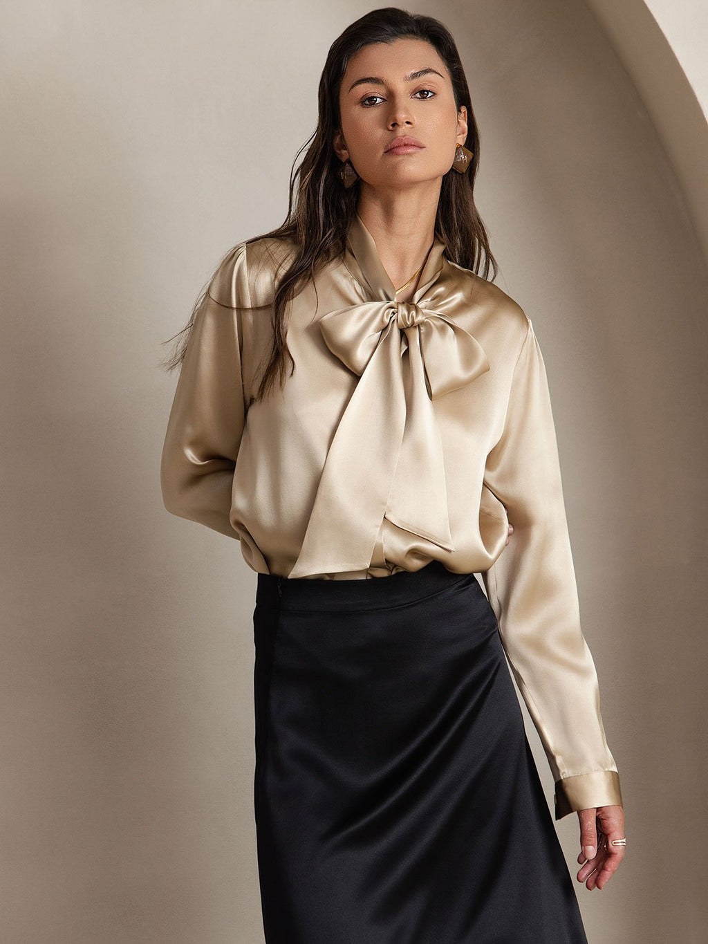 19Momme Silk Long Sleeve Tie Neck Blouse