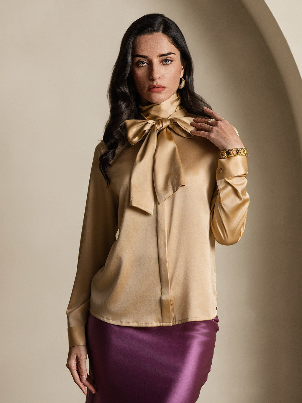 19Momme Silk Long Sleeve High Neck Bow Tie Blouse