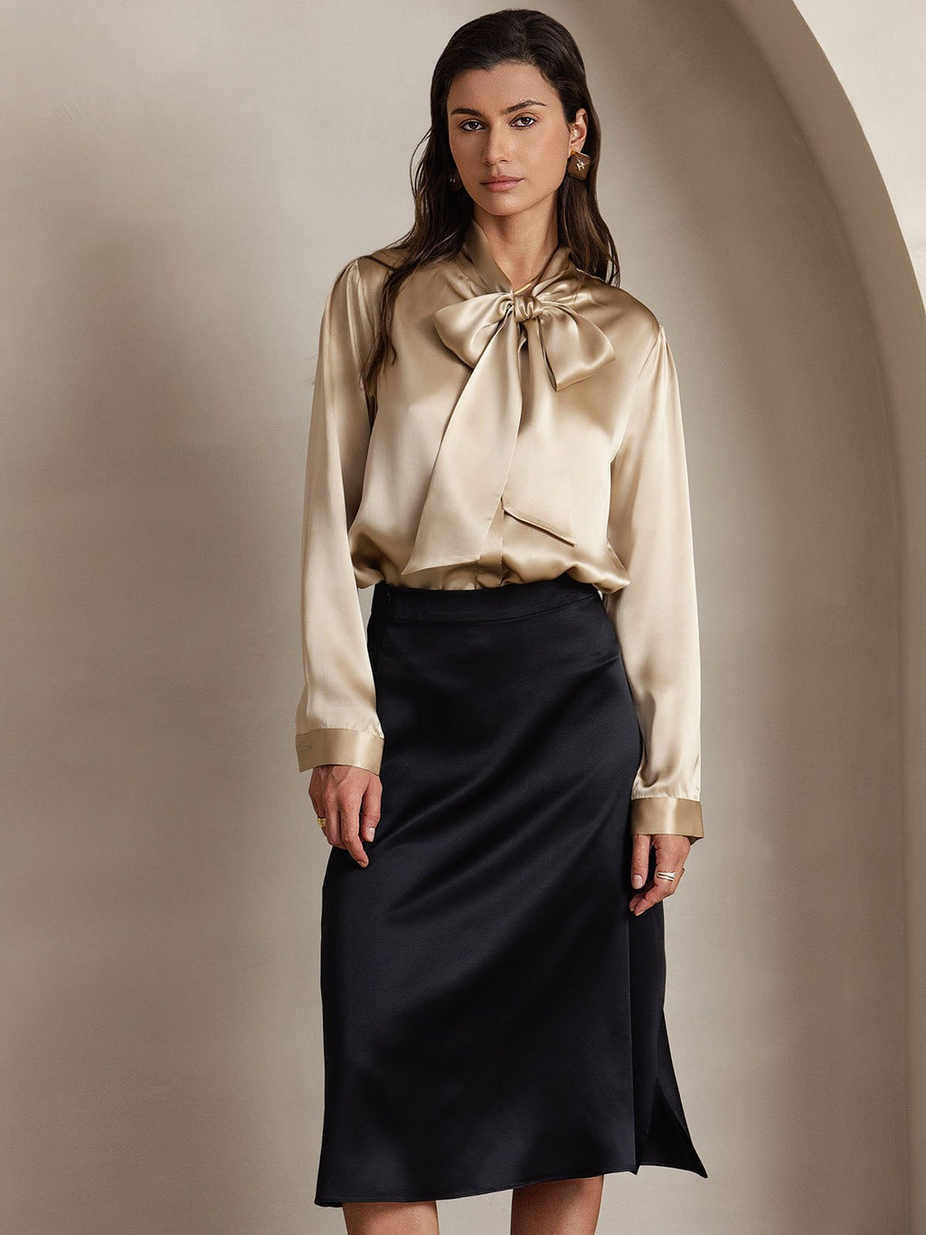 19Momme Silk Long Sleeve Tie Neck Blouse