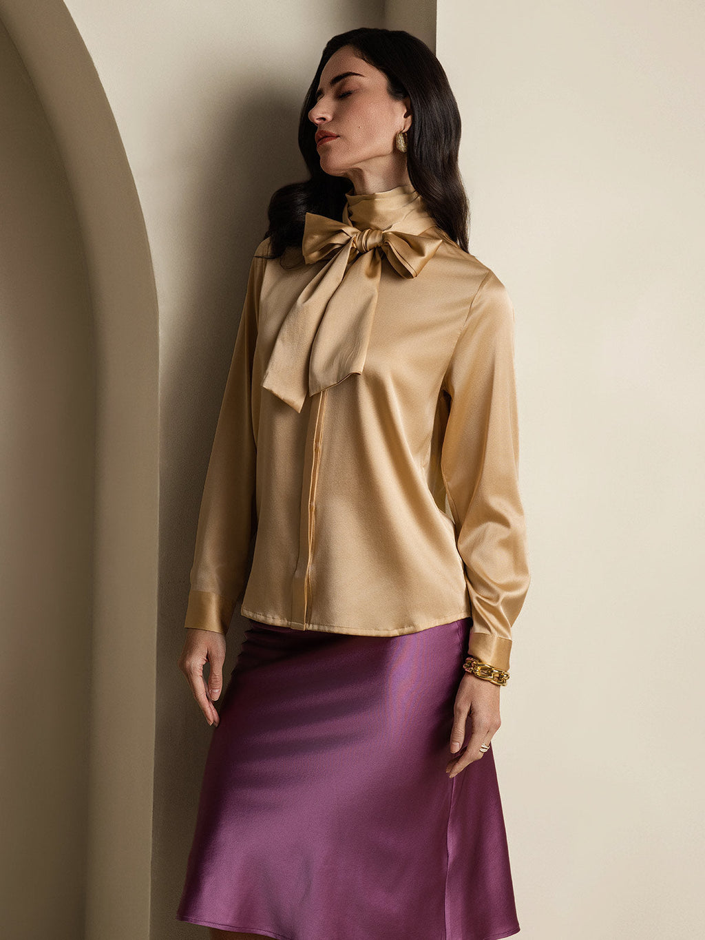 19Momme Silk Long Sleeve High Neck Bow Tie Blouse