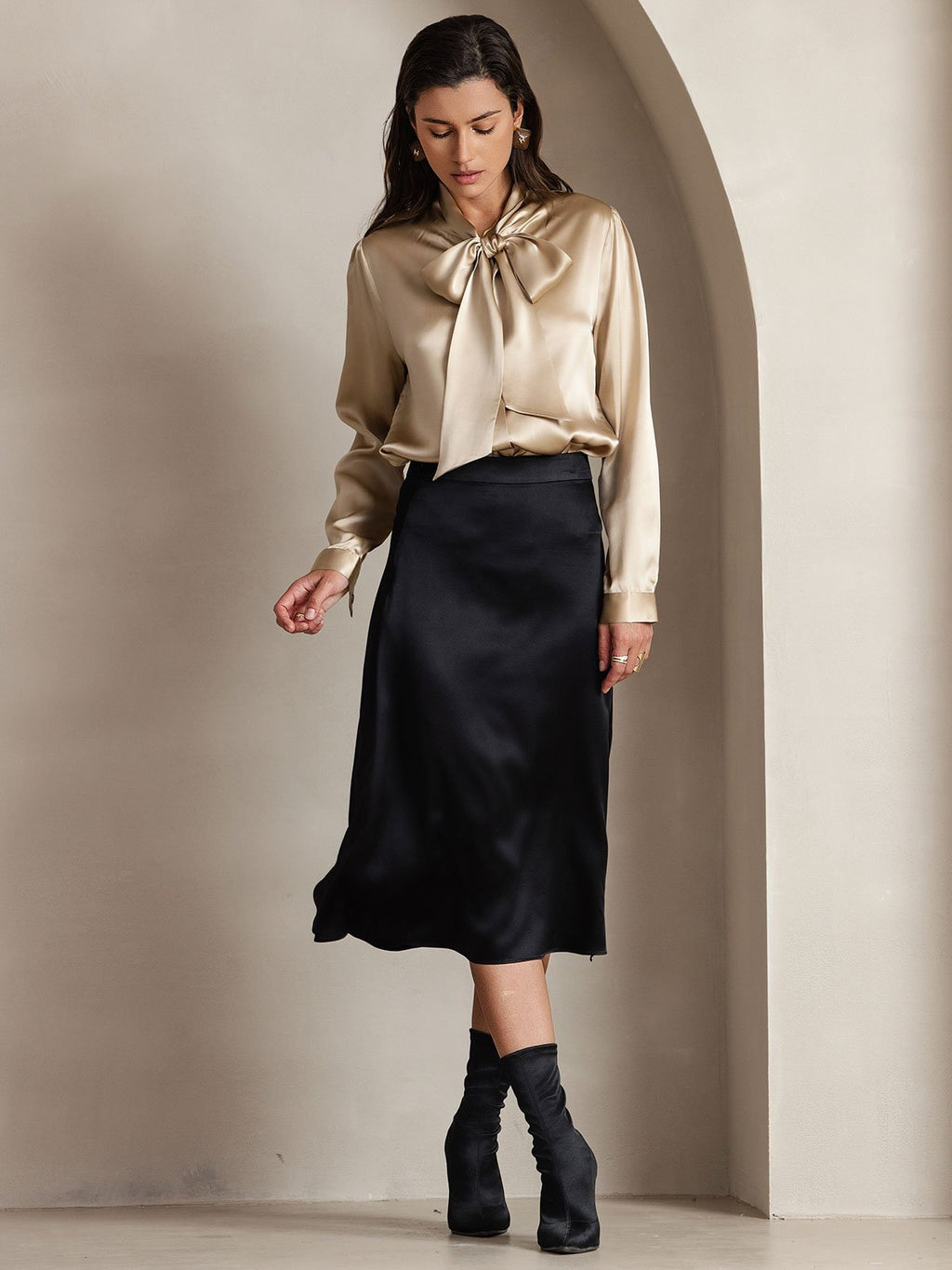 19Momme Silk Long Sleeve Tie Neck Blouse