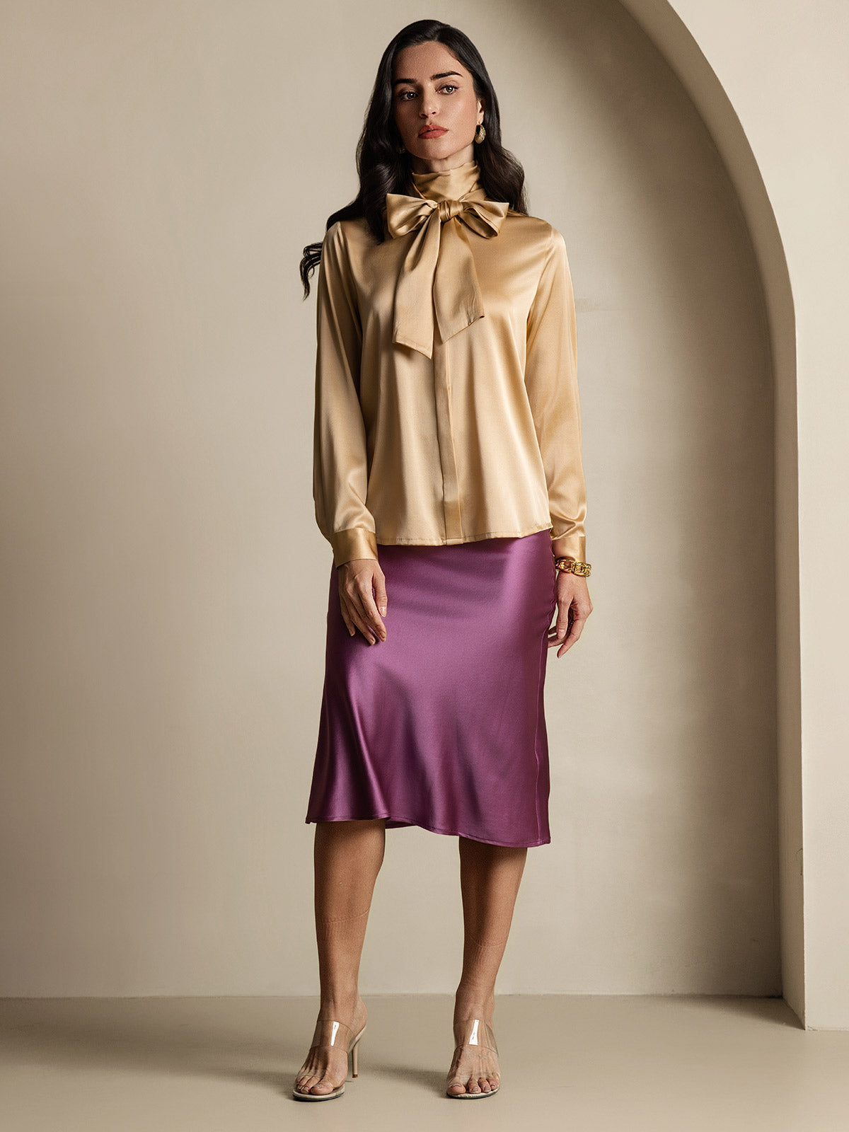 19Momme Silk Long Sleeve High Neck Bow Tie Blouse