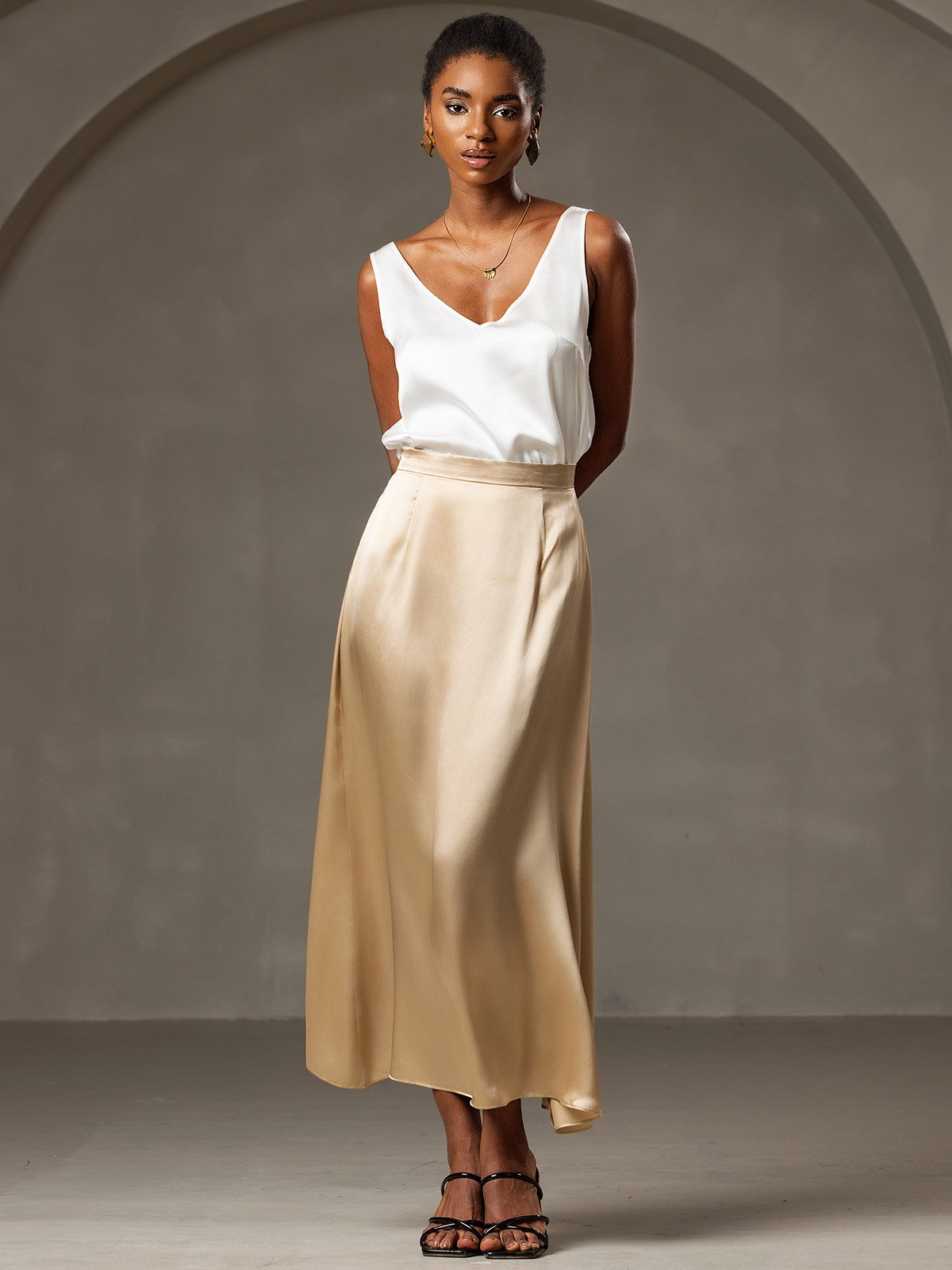 19Momme Silk A Line Maxi Skirt with Zipper Design