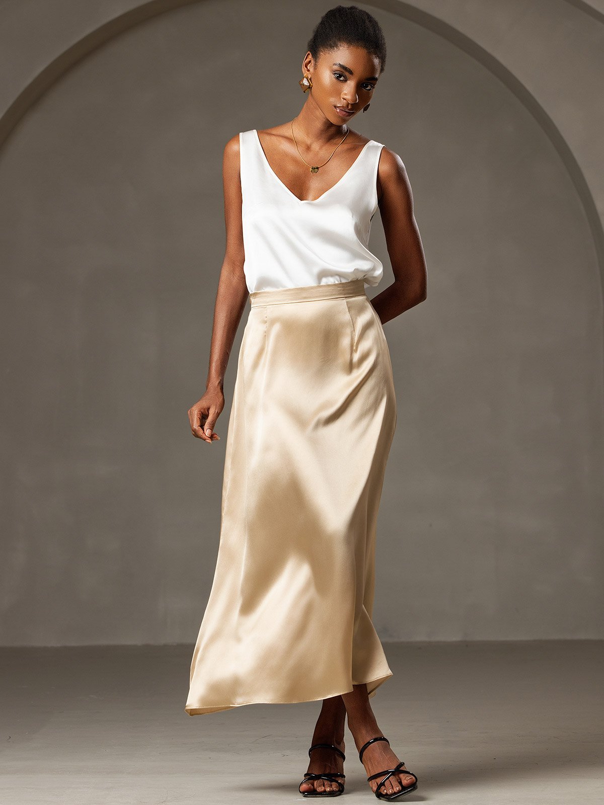 19Momme Silk A Line Maxi Skirt with Zipper Design