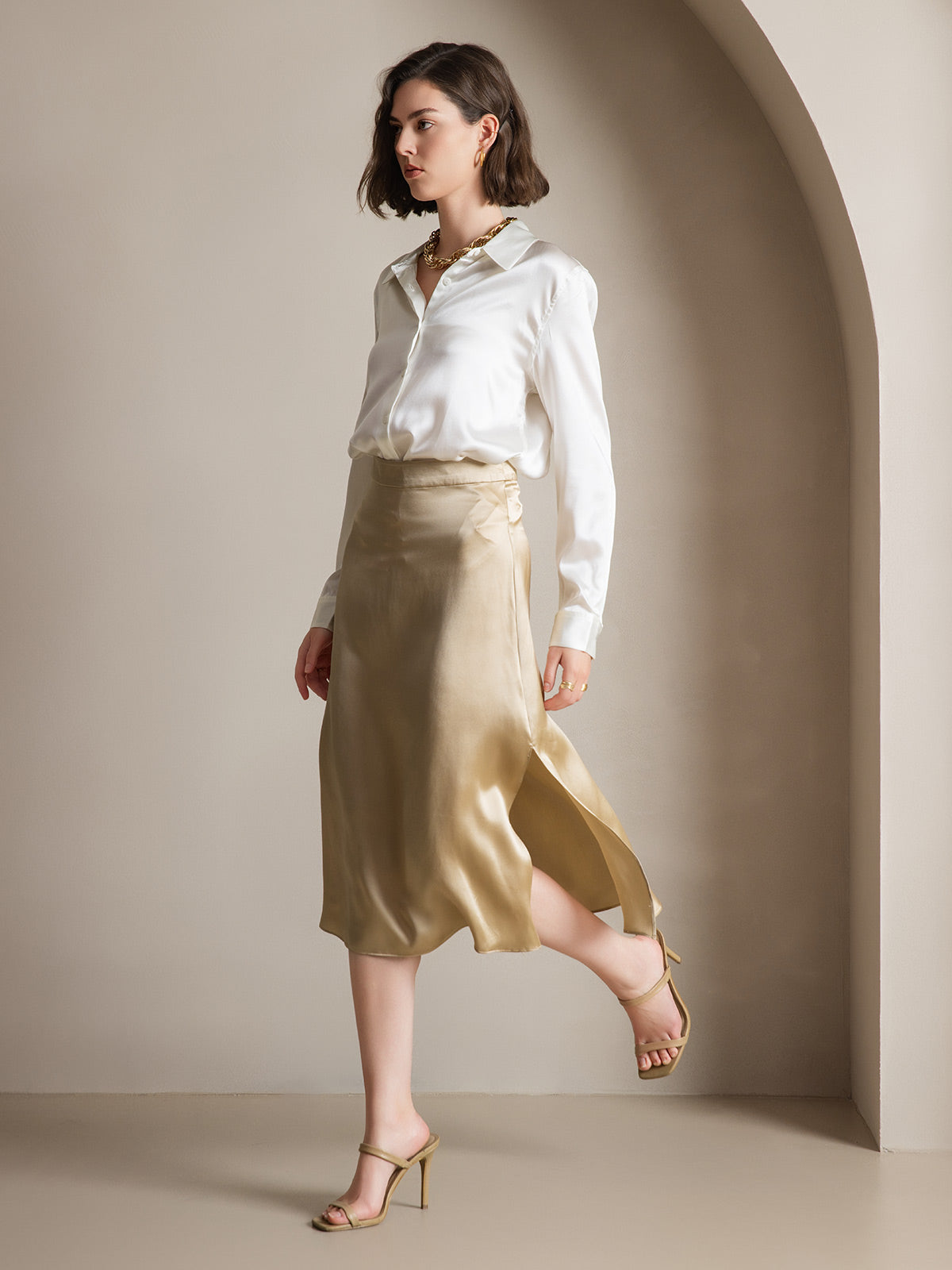 19Momme Silk A Line Long Slit Skirt with Zipper Design