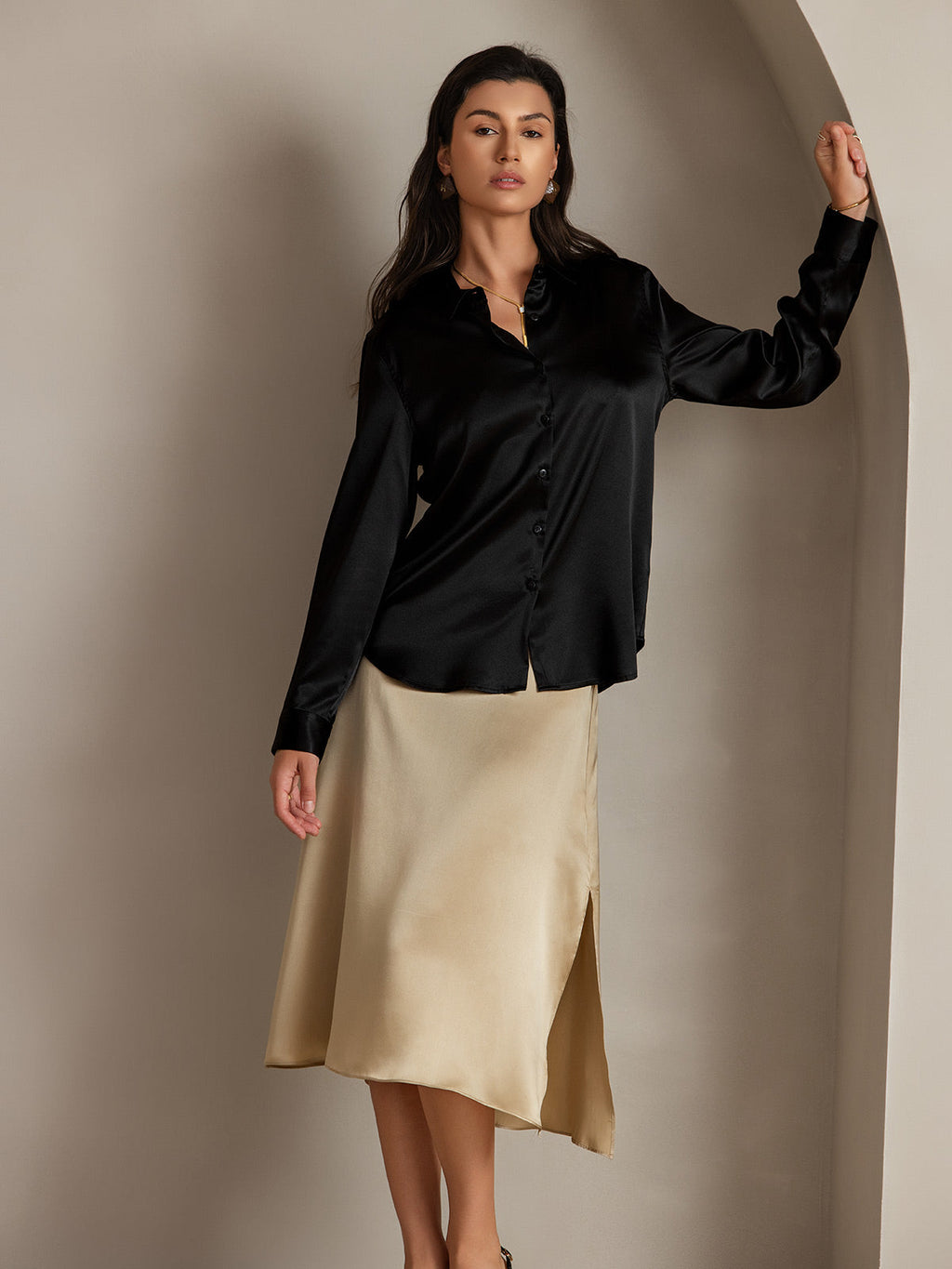 19Momme Silk A Line Long Slit Skirt with Zipper Design
