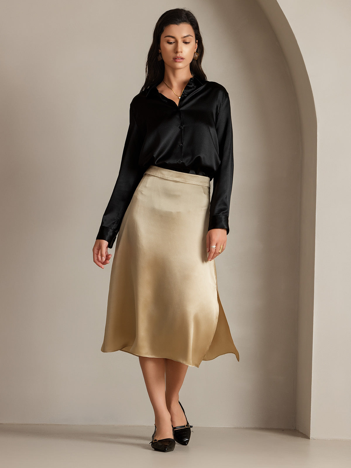19Momme Silk A Line Long Slit Skirt with Zipper Design