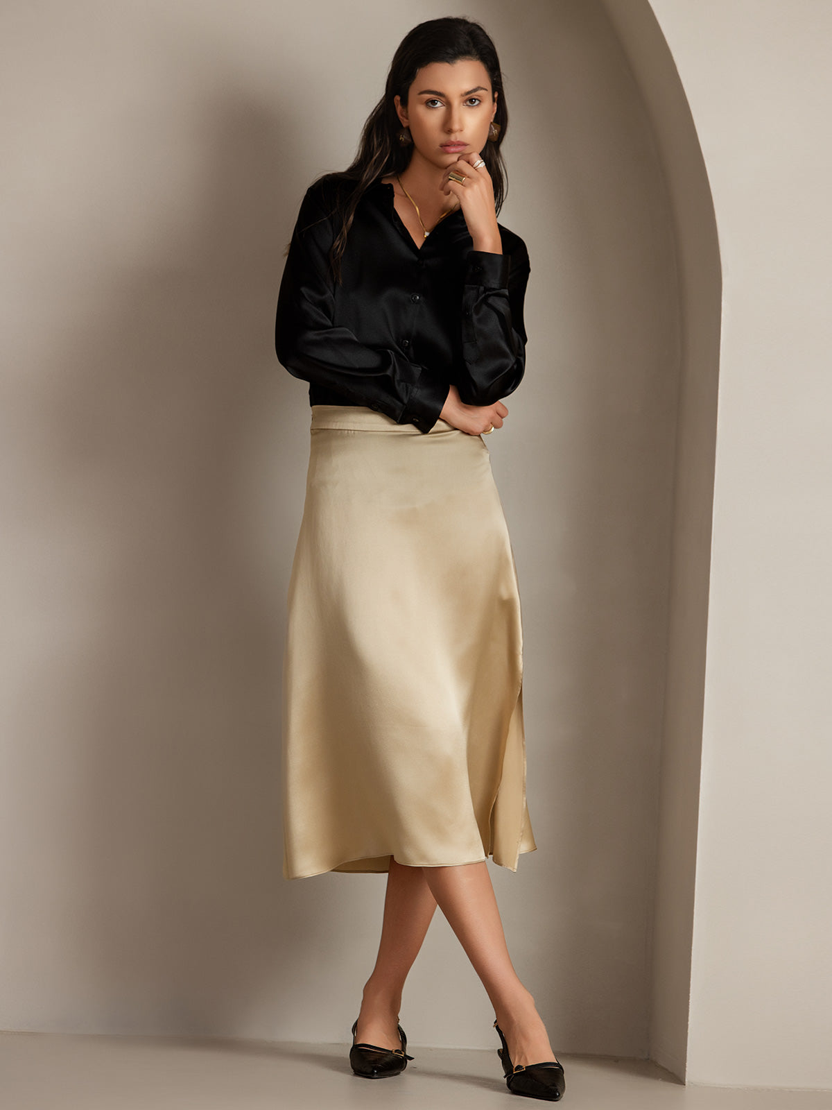 19Momme Silk A Line Long Slit Skirt with Zipper Design