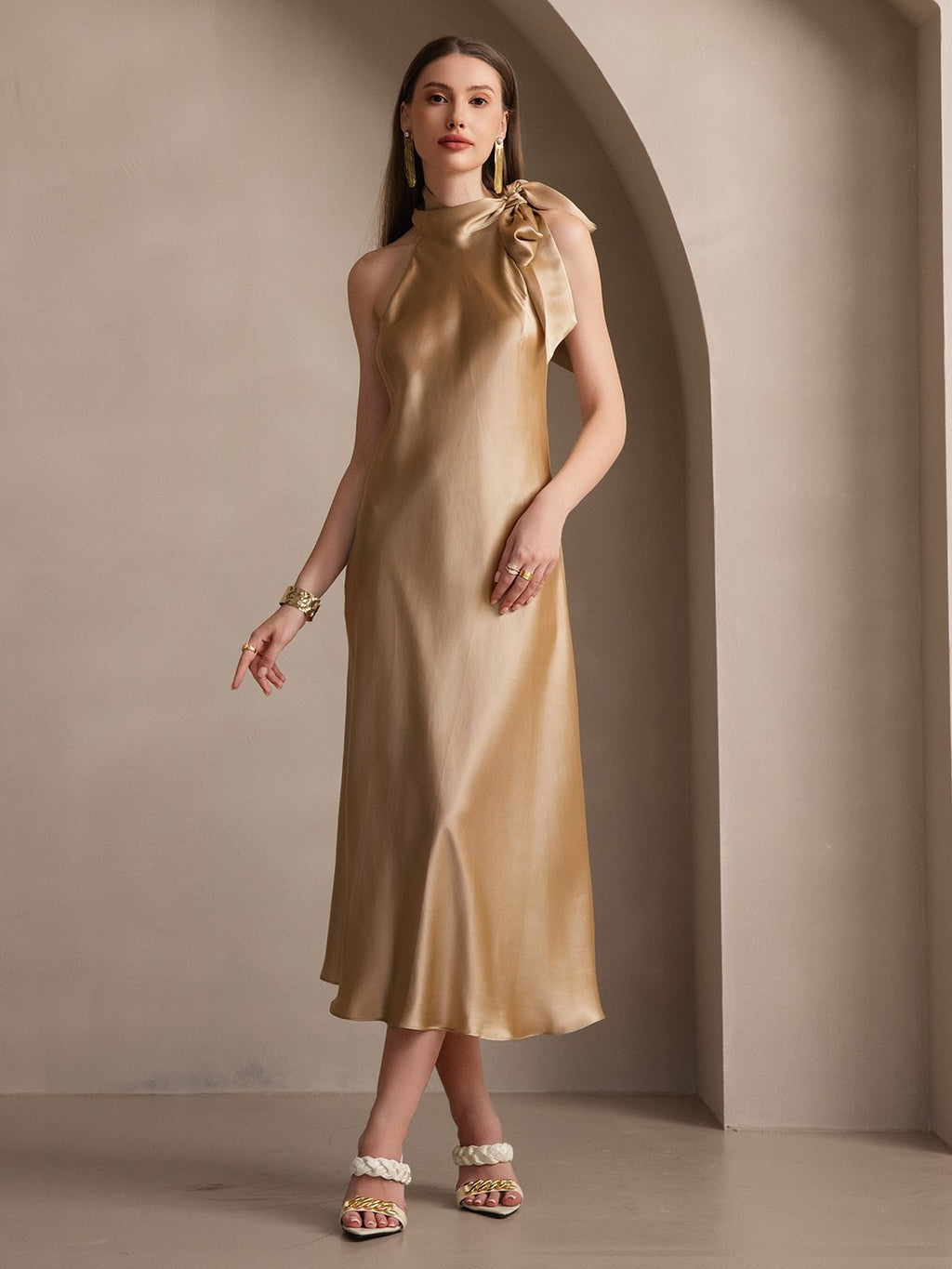 19Momme Silk Tie Neck Maxi Dress