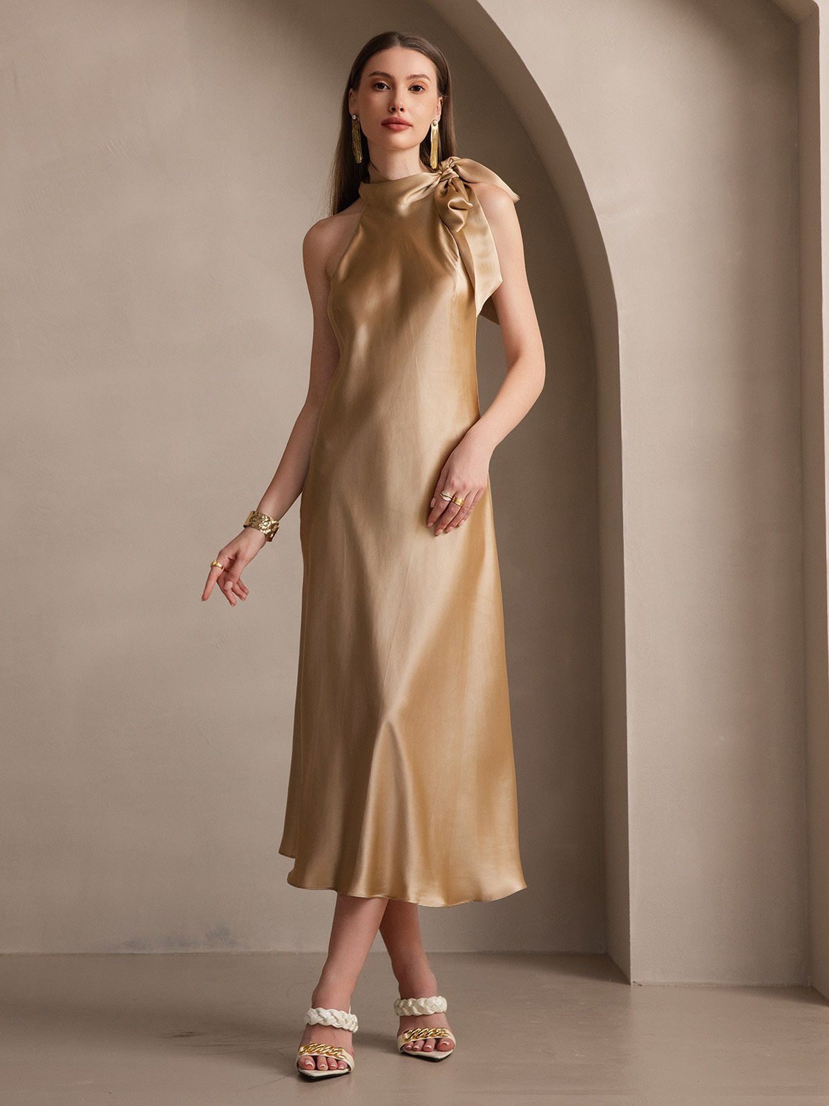 19Momme Silk Tie Neck Maxi Dress