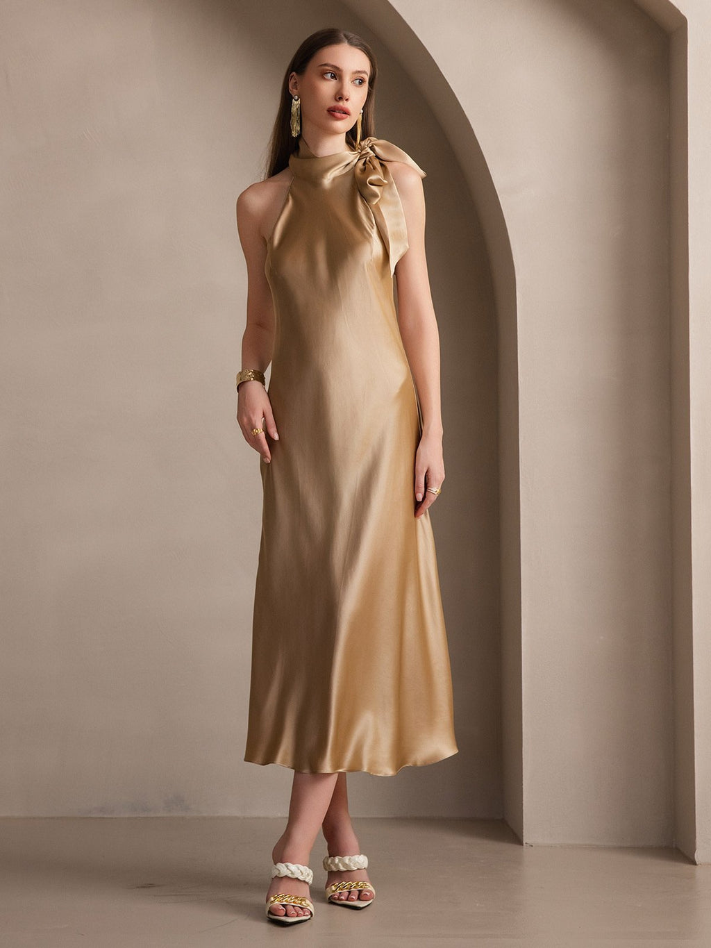 19Momme Silk Tie Neck Maxi Dress
