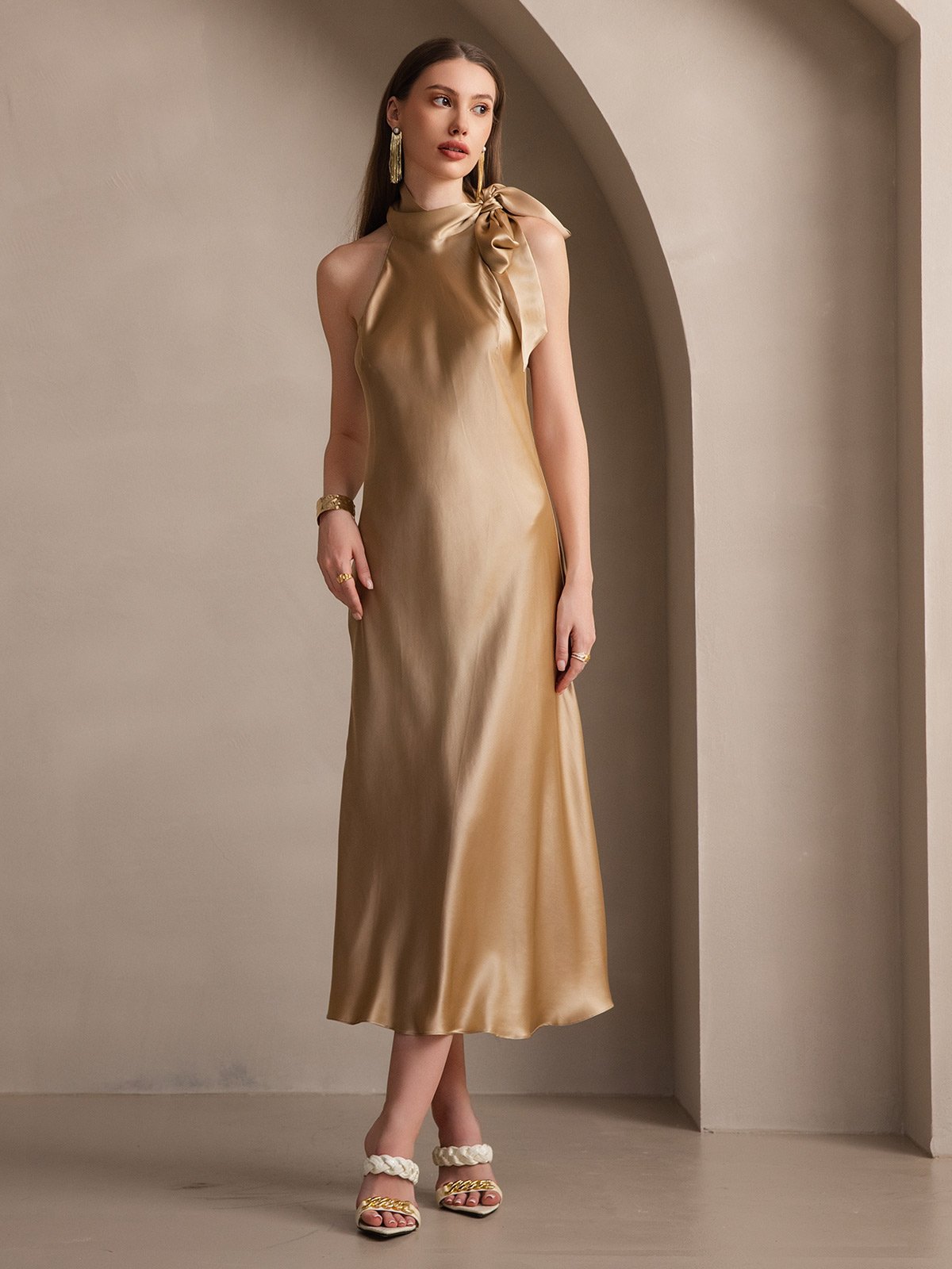 19Momme Silk Tie Neck Maxi Dress