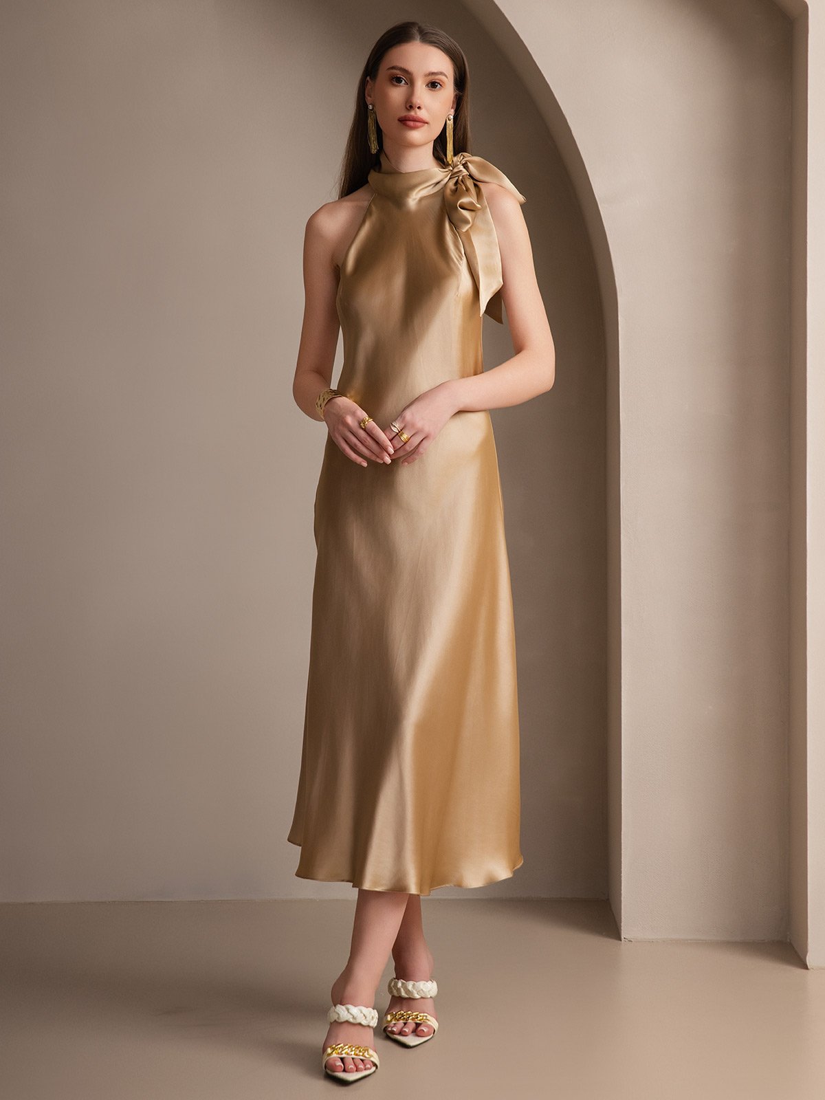 19Momme Silk Tie Neck Maxi Dress