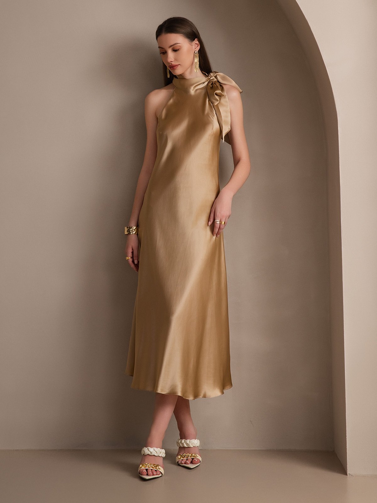 19Momme Silk Tie Neck Maxi Dress